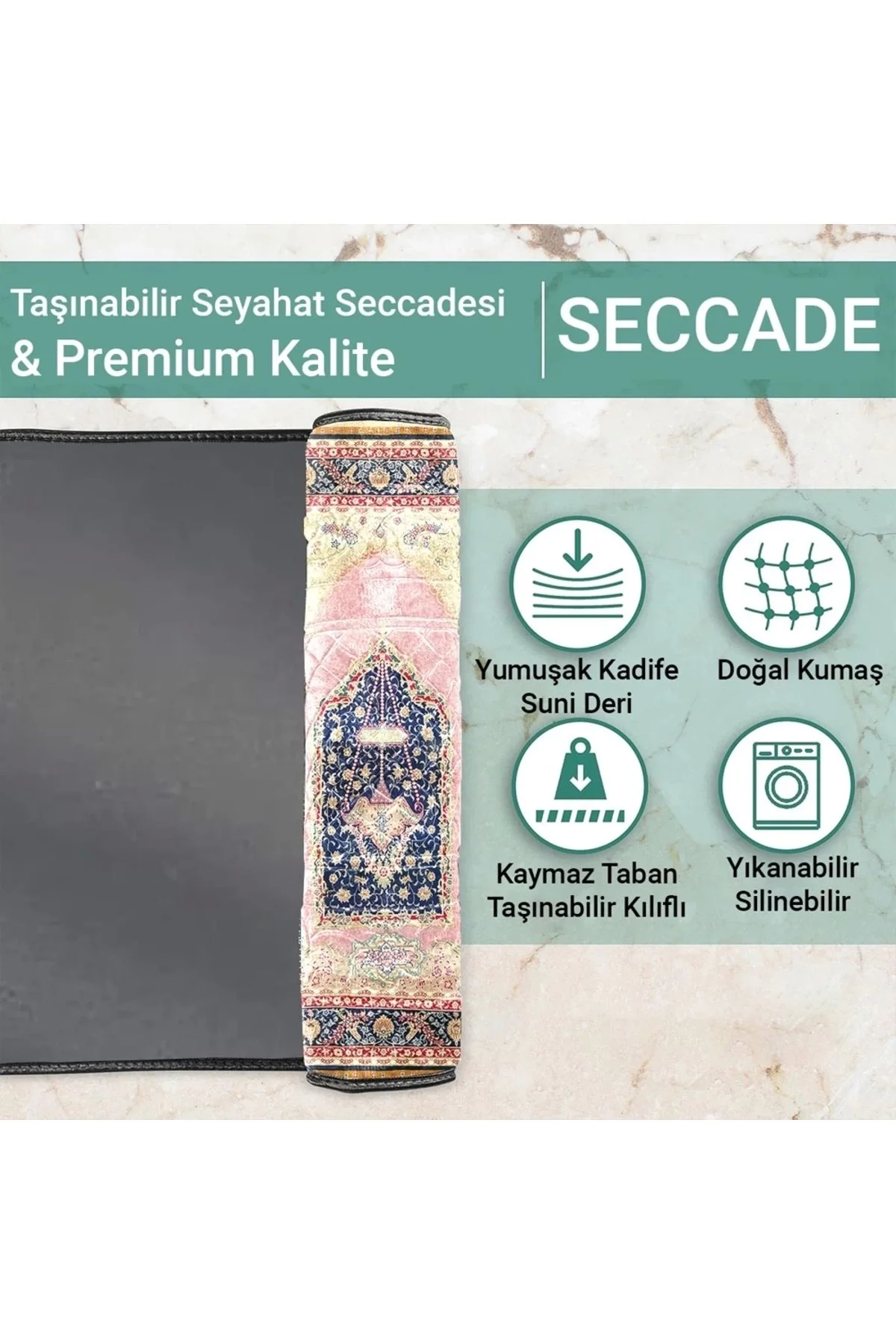 Ravabi Rug Araç İçi ve İşyeri İçin Deri Tabanlı Namazlık, Çantalı Hediyelik Seyahat Seccadesi 70x110cm 21RSD231016