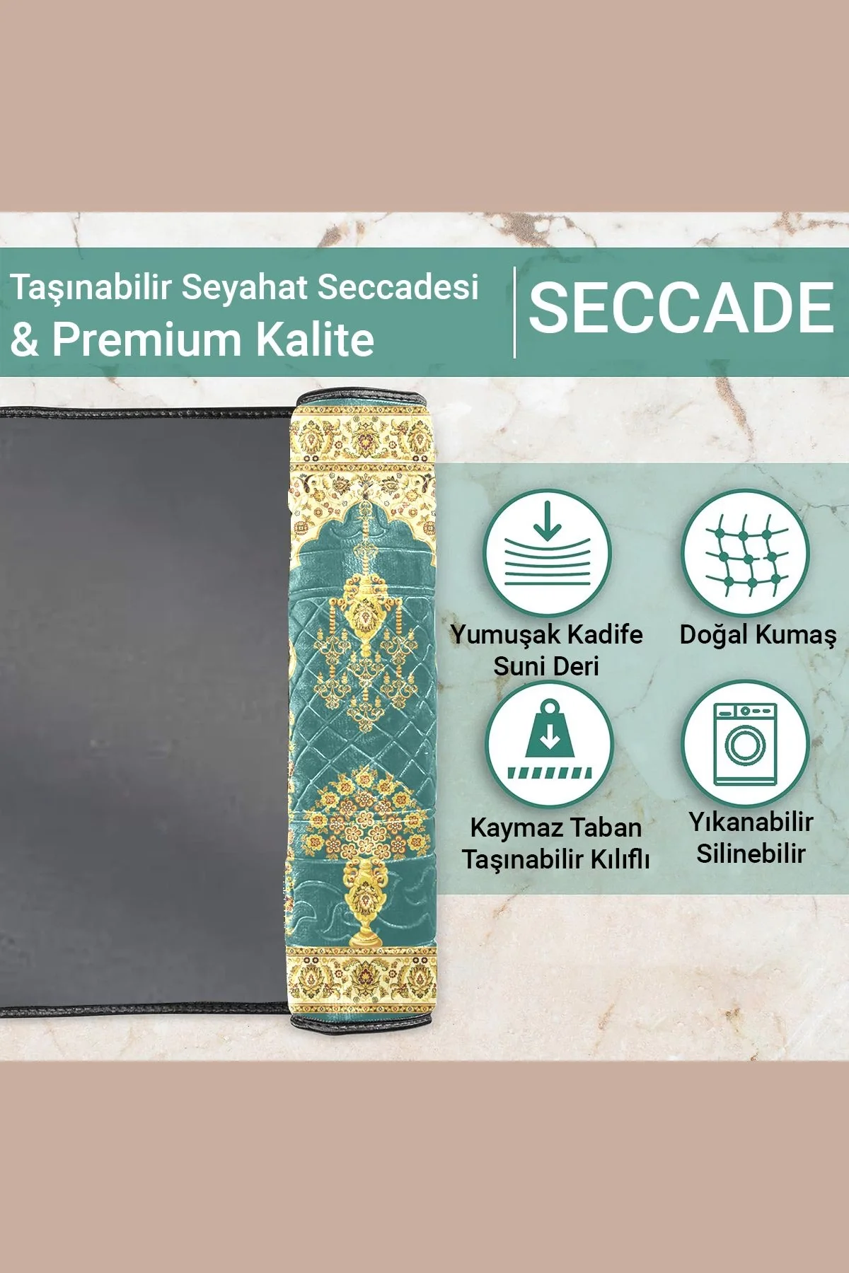 Ravabi Rug Araç İçi ve İşyeri İçin Deri Tabanlı Namazlık, Çantalı Hediyelik Seyahat Seccadesi 70x110cm 21RSD231021