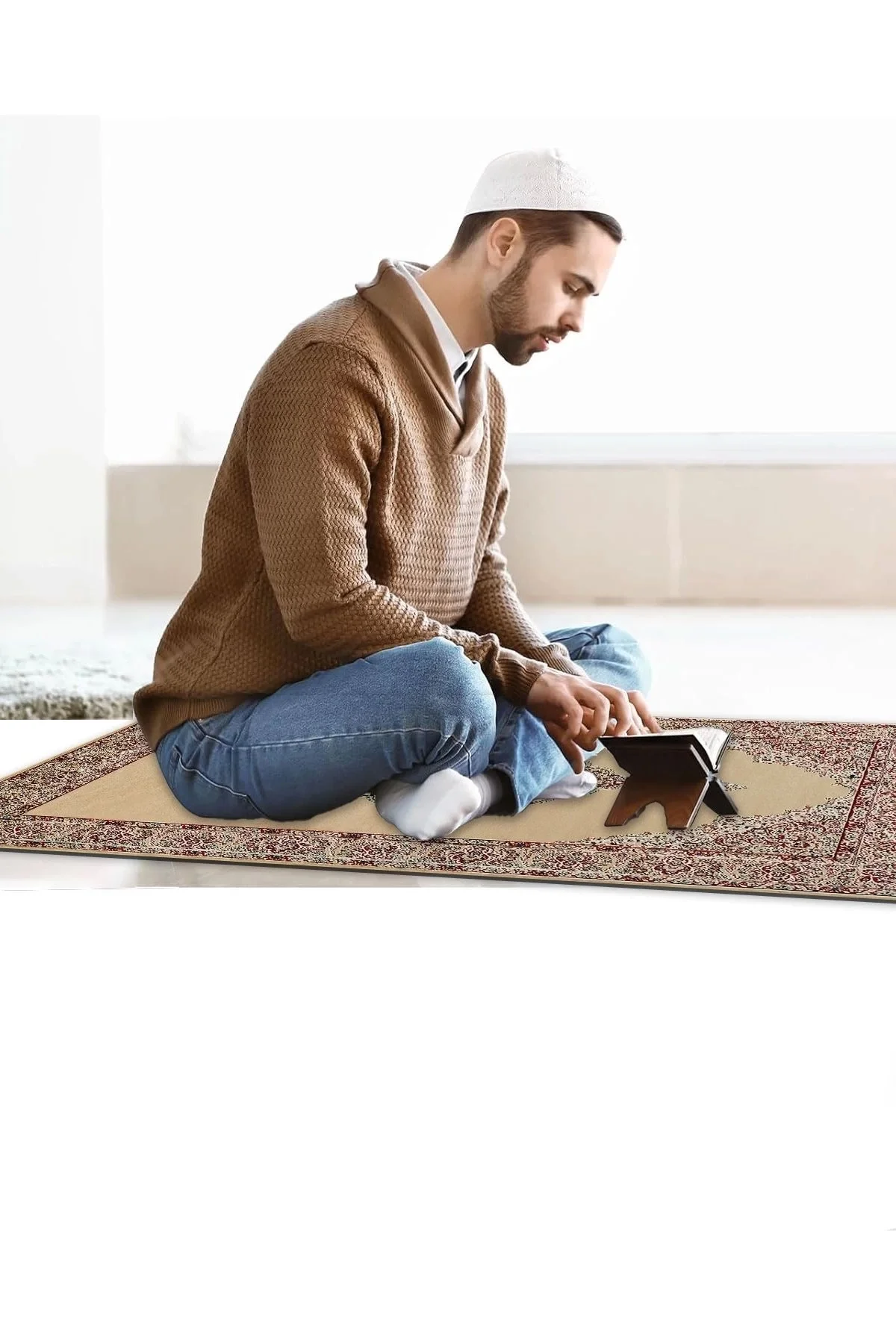 Ravabi Rug Araç İçi ve İşyeri İçin Deri Tabanlı Namazlık, Çantalı Hediyelik Seyahat Seccadesi 70x110cm 21RSD231017