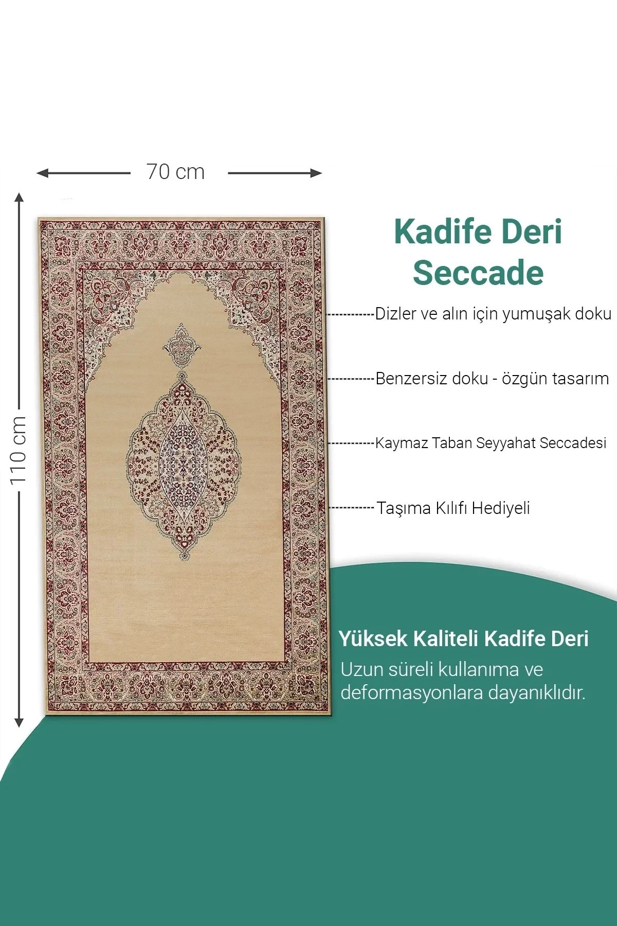 Ravabi Rug Araç İçi ve İşyeri İçin Deri Tabanlı Namazlık, Çantalı Hediyelik Seyahat Seccadesi 70x110cm 21RSD231017