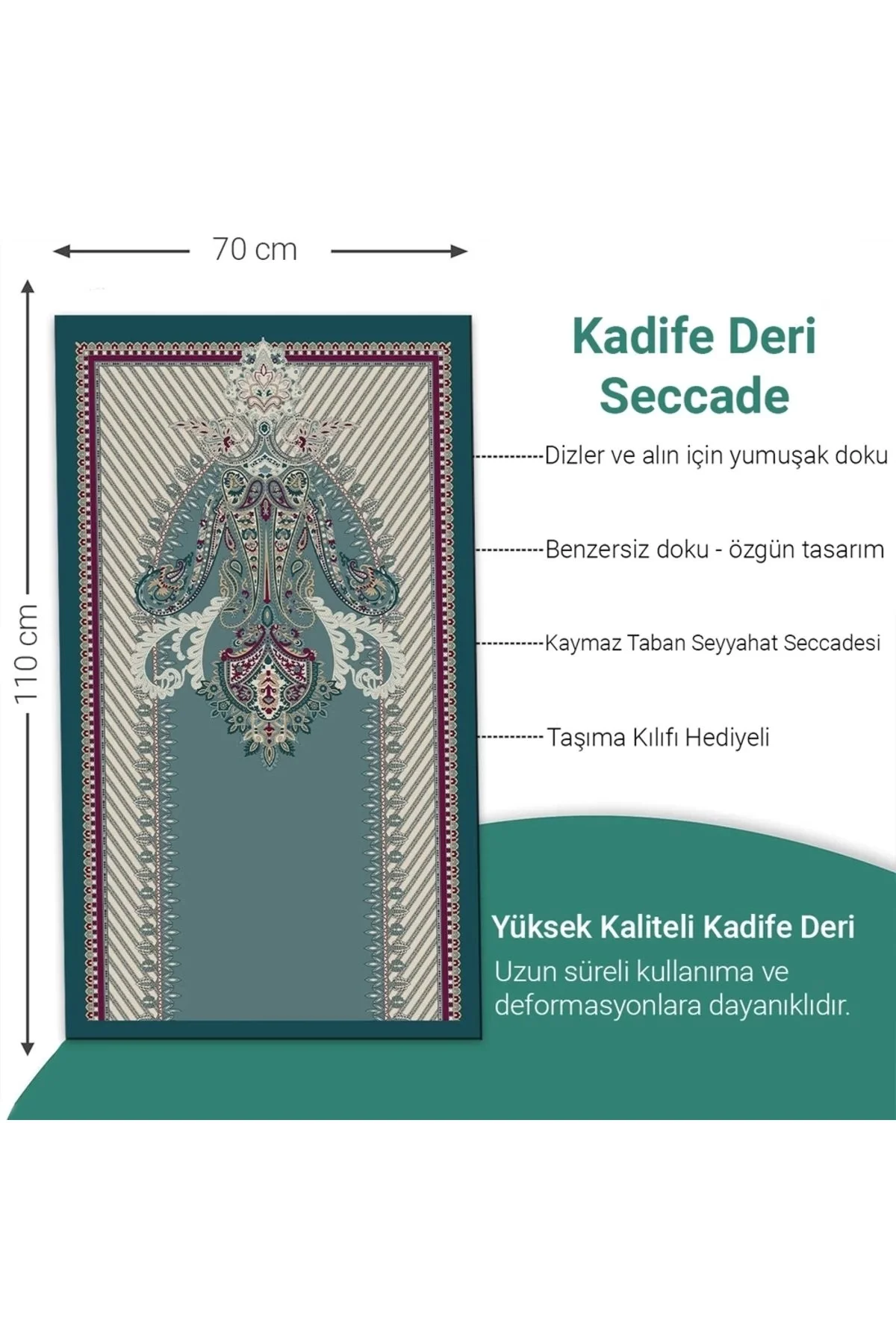 Ravabi Rug Araç İçi ve İşyeri İçin Deri Tabanlı Namazlık, Çantalı Hediyelik Seyahat Seccadesi 70x110cm 21RSD231020
