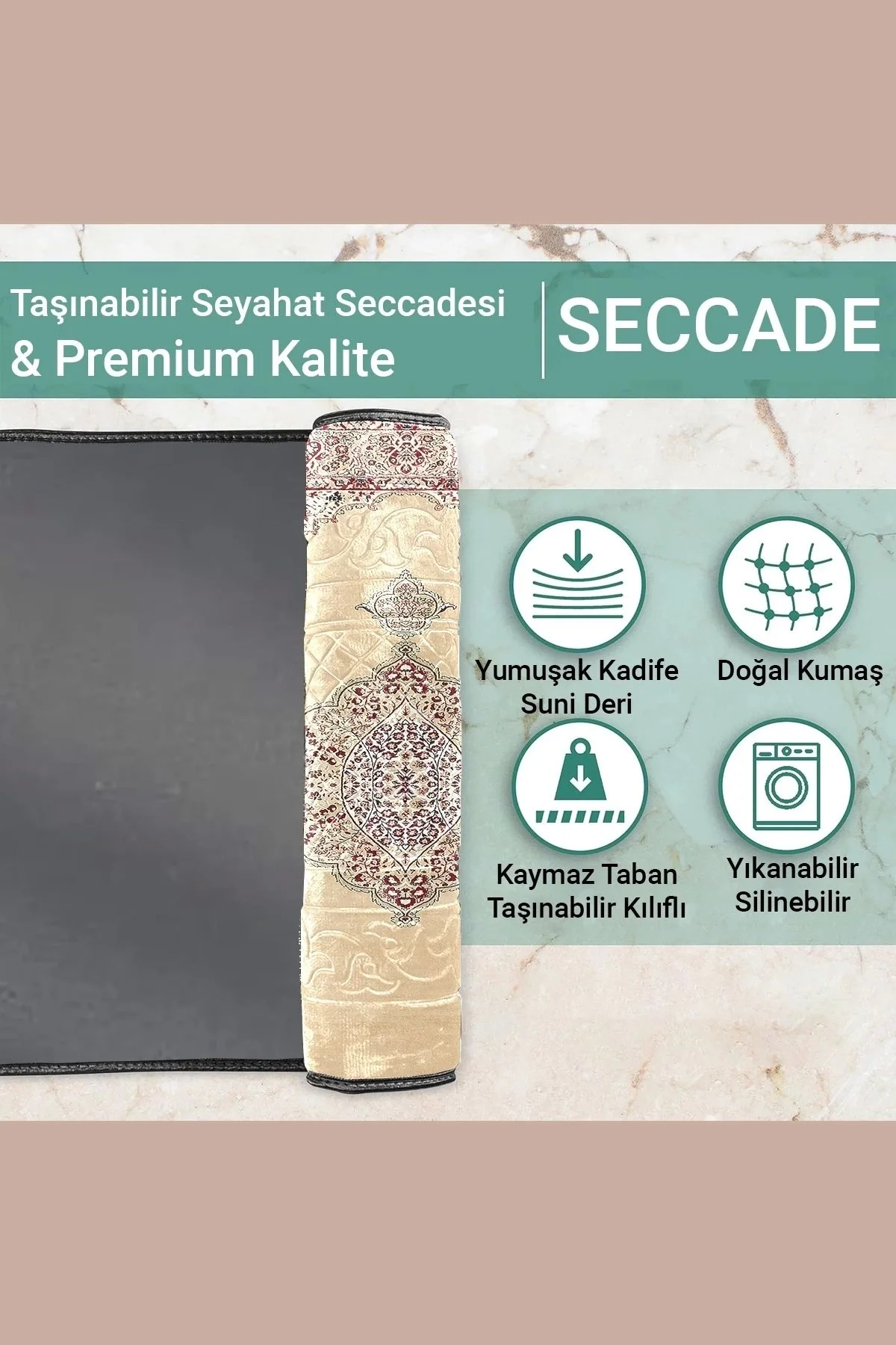 Ravabi Rug Araç İçi ve İşyeri İçin Deri Tabanlı Namazlık, Çantalı Hediyelik Seyahat Seccadesi 70x110cm 21RSD231017