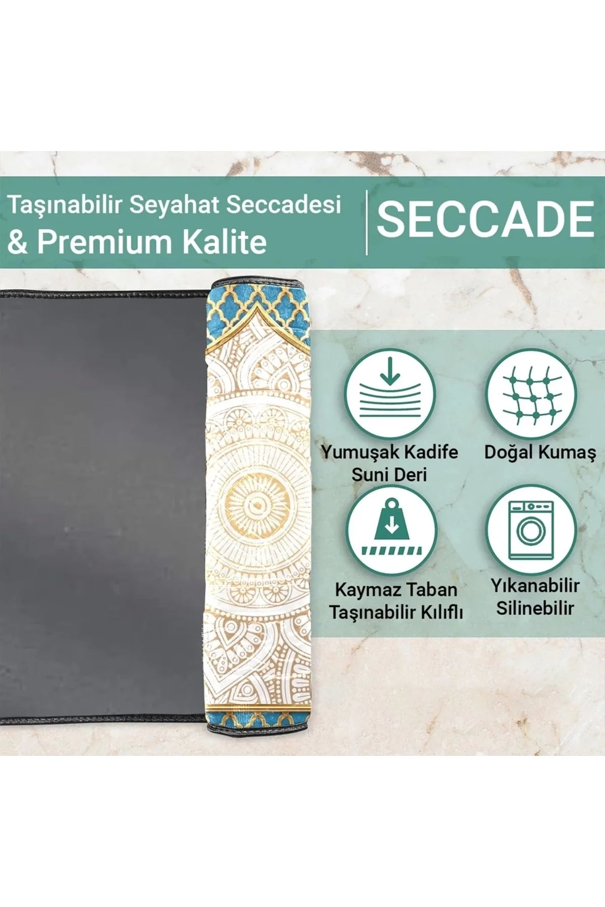 Ravabi Rug Araç İçi ve İşyeri İçin Deri Tabanlı Namazlık, Çantalı Hediyelik Seyahat Seccadesi 70x110cm 21RSD231018