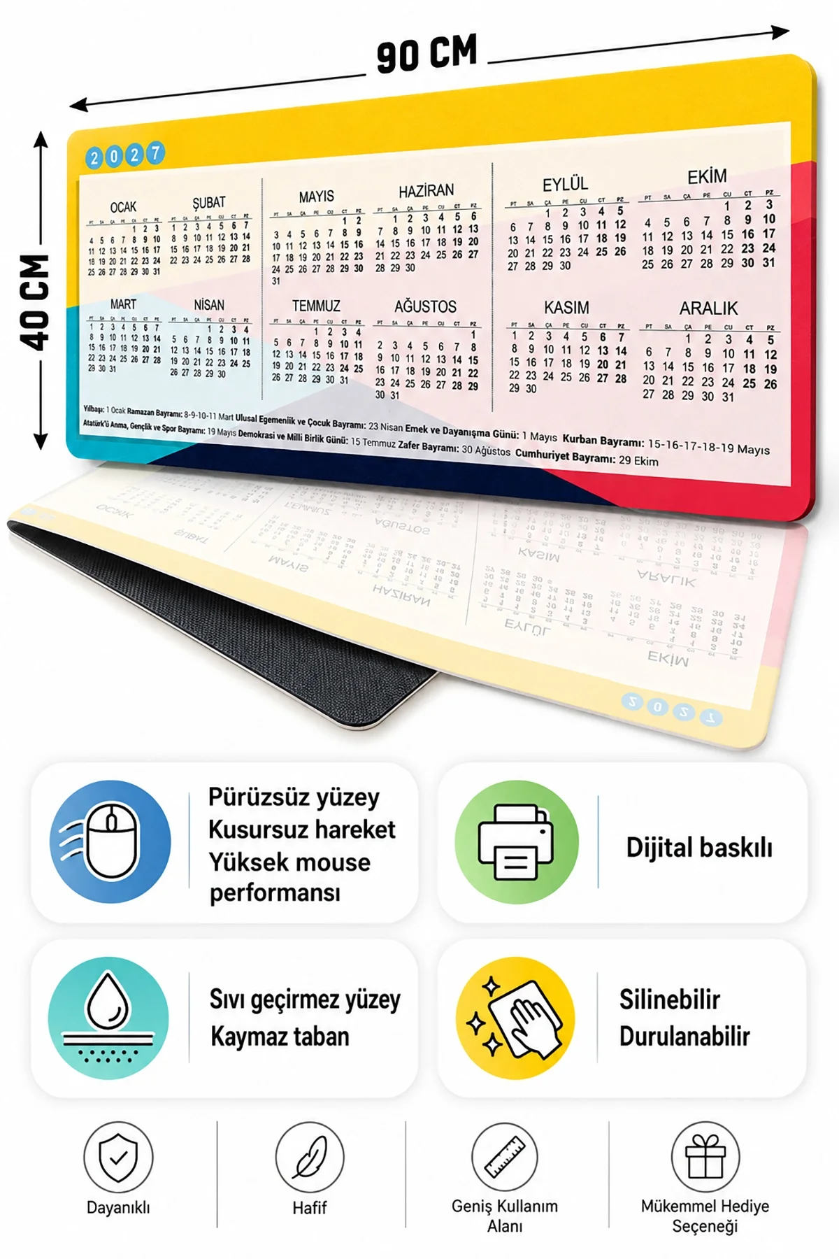 SonicTouch 2027 Takvimli Klavye Mousepad 40x90cm Dikişsiz Pürüzsüz Sıvı Geçirmez Yüzey Kaymaz Taban