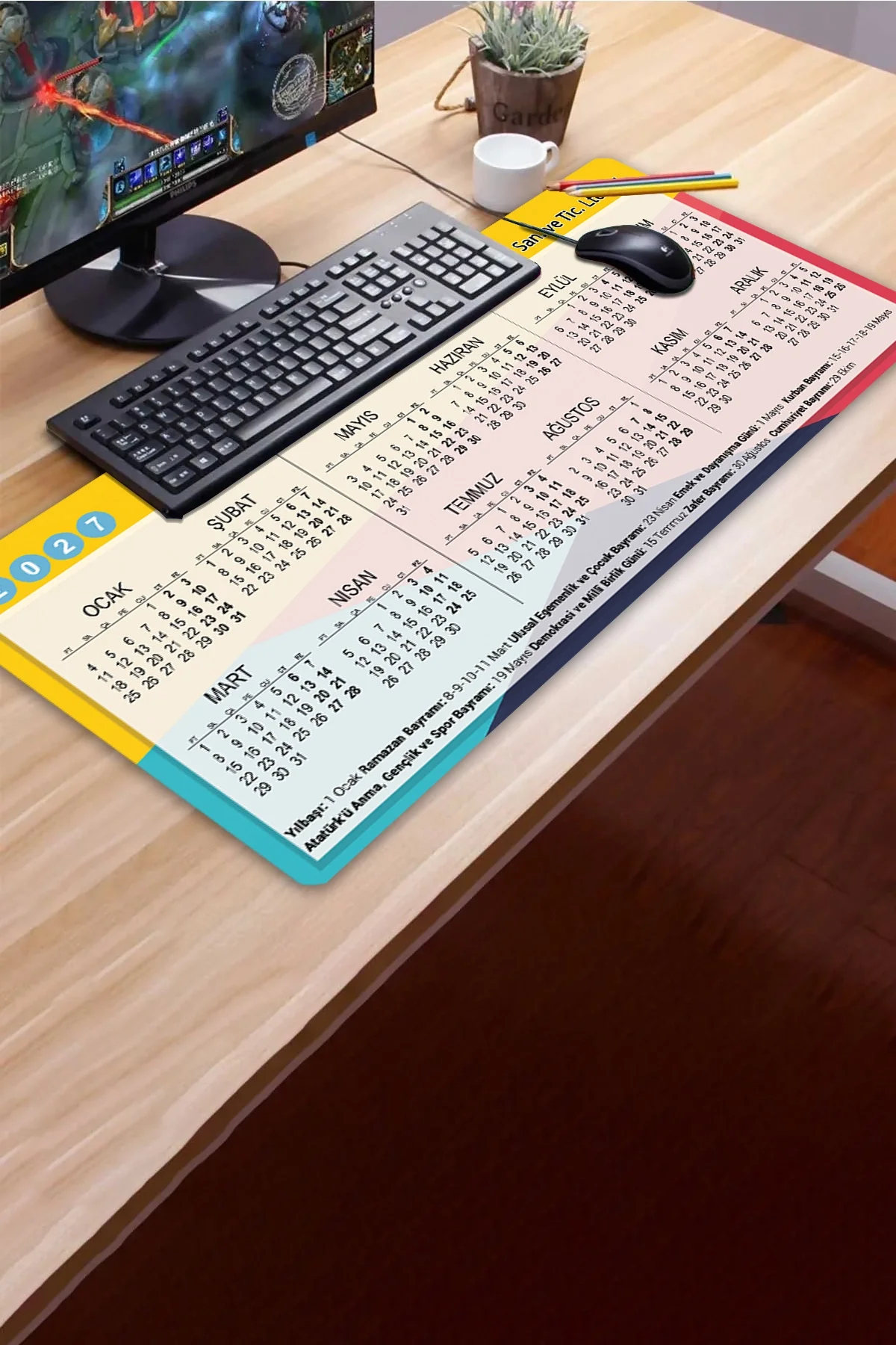SonicTouch 2027 Takvimli Klavye Mousepad 40x90cm Sıvı Geçirmez Yüzey Kişiye isme Firmaya Özel