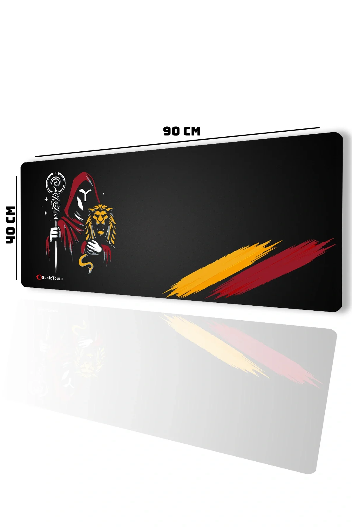 SonicTouch Aslan Muhafızı Sarı Kırmızı Dikişsiz Pürüzsüz Sıvı Geçirmez XXL Gamer Klavye Mousepad 40x90cm