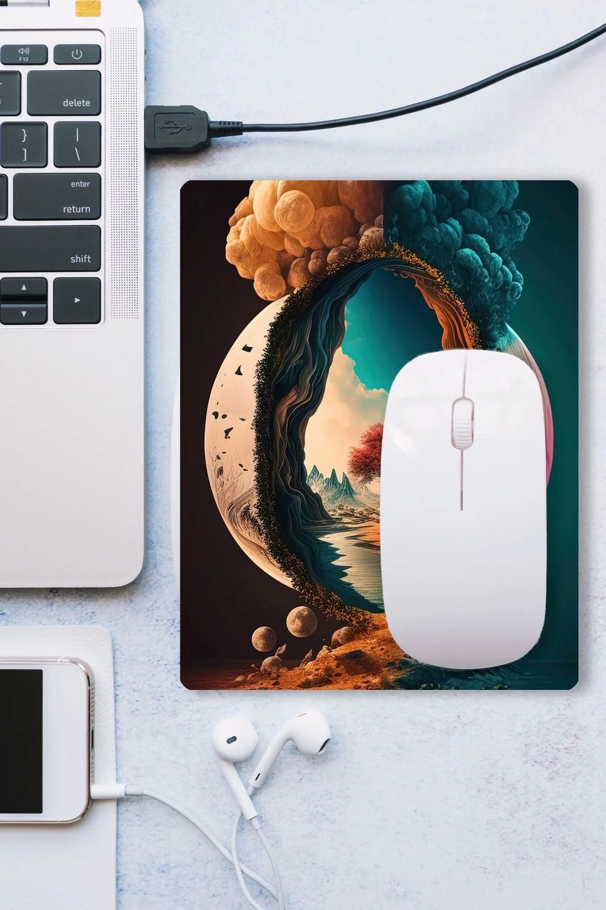 SonicTouch Ay ve Ağaç Temalı Kaydırmaz Gaming Oyuncu Dikişsiz Mavi Turuncu Mouse Pad17x21cm