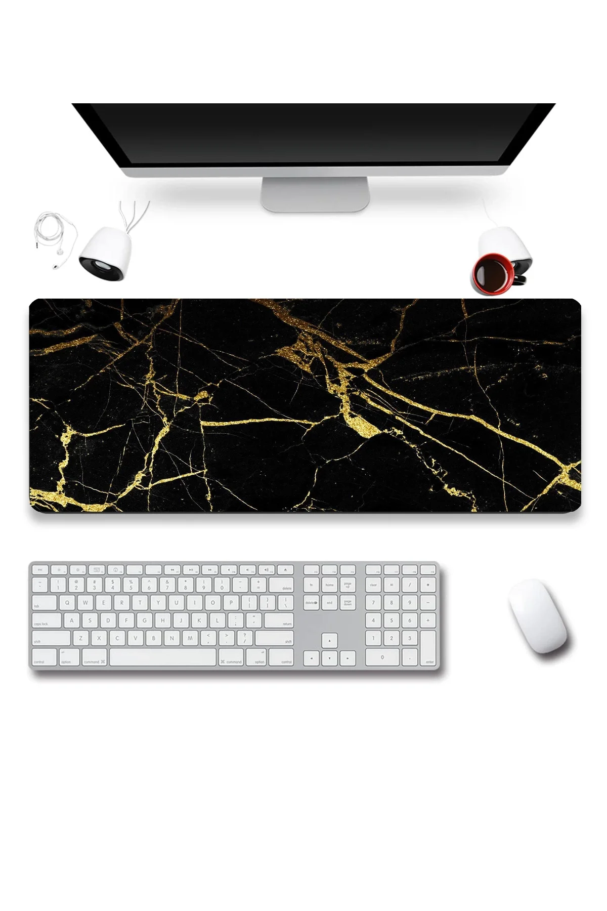 SonicTouch Siyah Mermer Sarı Çizgili Gamer Oyuncu Dikişsiz Sıvı Geçirmez Klavye Mouse Pad 32x70Cm