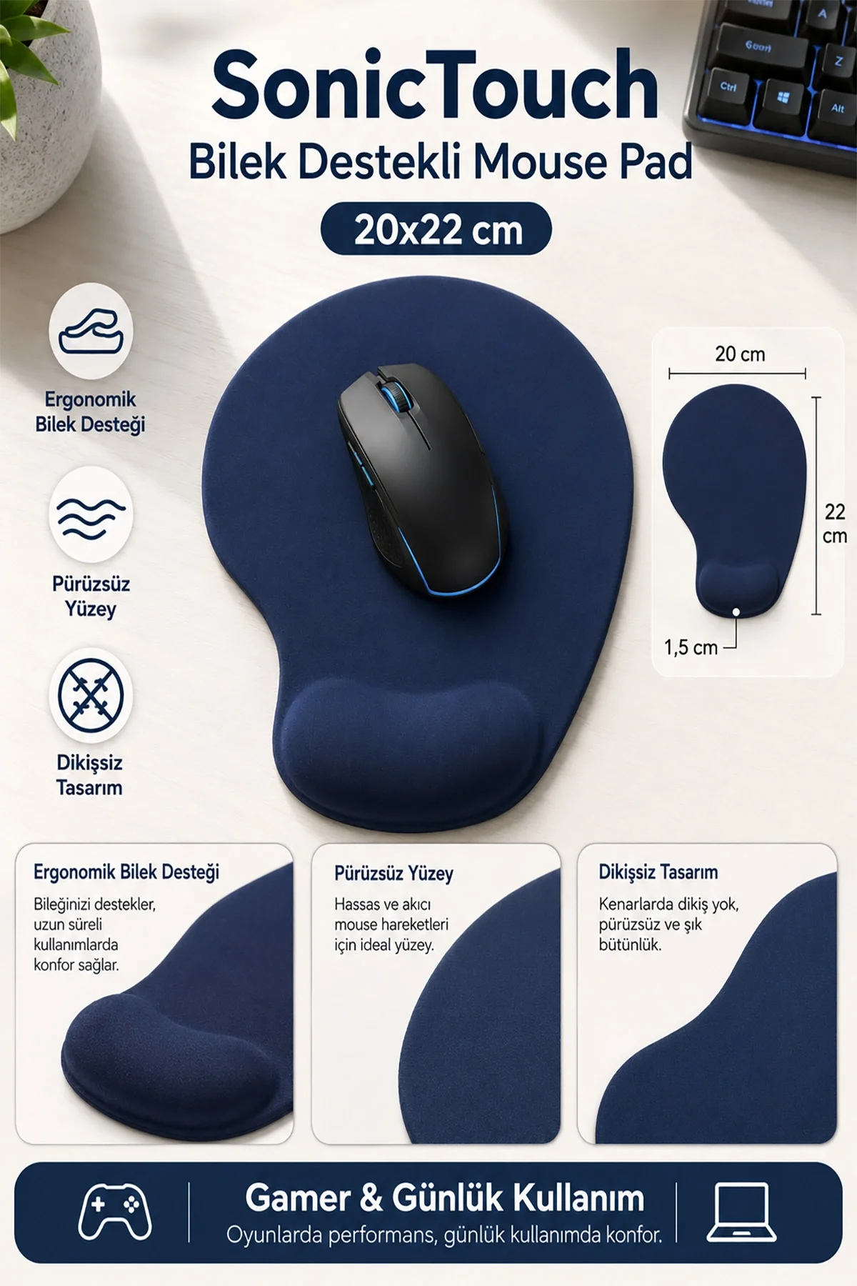 SonicTouch Bilek Destekli Mouse Pad 20x22cm Lacivert Damla Tipi Pürüzsüz Yüzey Dikişsiz Gamer Oyuncu
