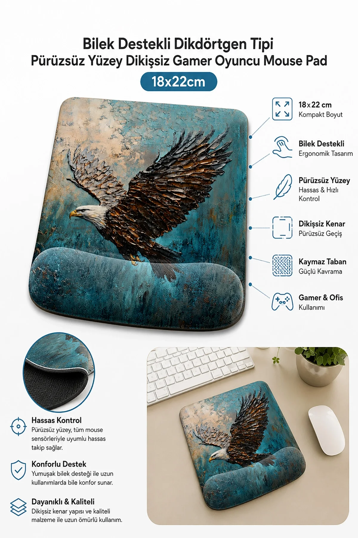 SonicTouch Bilek Destekli Mouse Pad 18x22cm Göklerin Kralı Kartal Mavi Dikdörtgen Pürüzsüz Yüzey