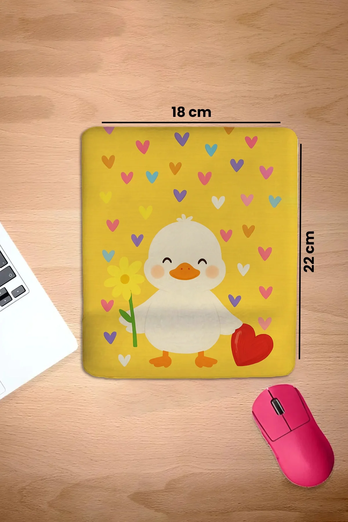SonicTouch Bilek Destekli Kalpli Ördek Temalı Sarı Dikdörtgen Pürüzsüz Yüzey Dikişsiz Mouse Pad 18x22cm