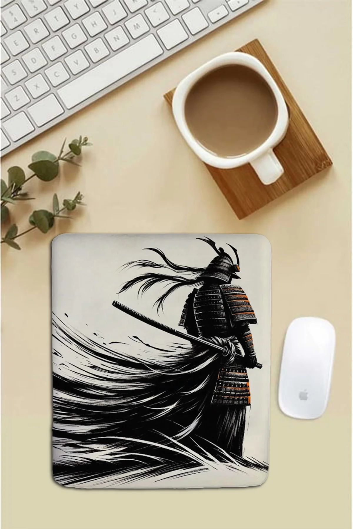 SonicTouch Bilek Destekli Samuray Siyah Beyaz Dikdörtgen Pürüzsüz Yüzey Dikişsiz Mouse Pad 18x22cm