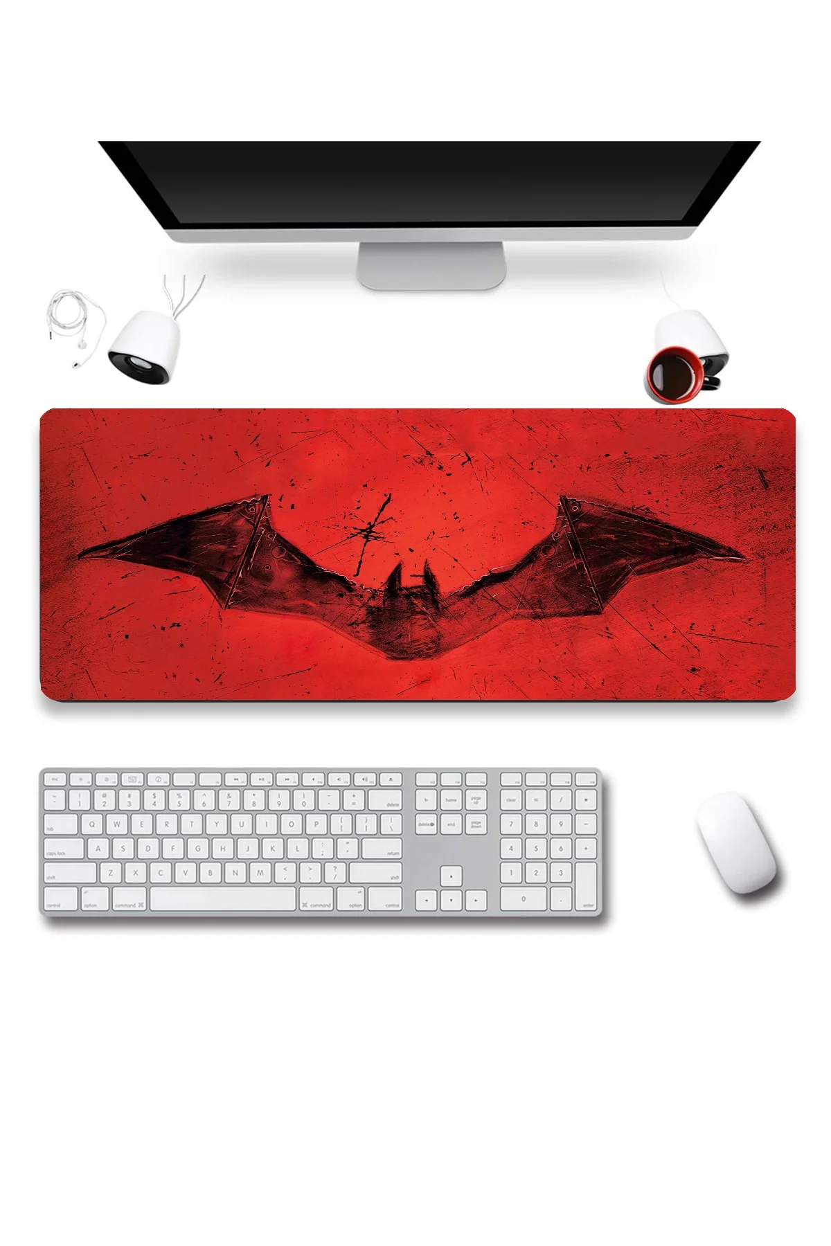 SonicTouch Yarasa Desenli Kırmızı Gamer Oyuncu Dikişsiz Sıvı Geçirmez Klavye Mouse Pad 32x70Cm