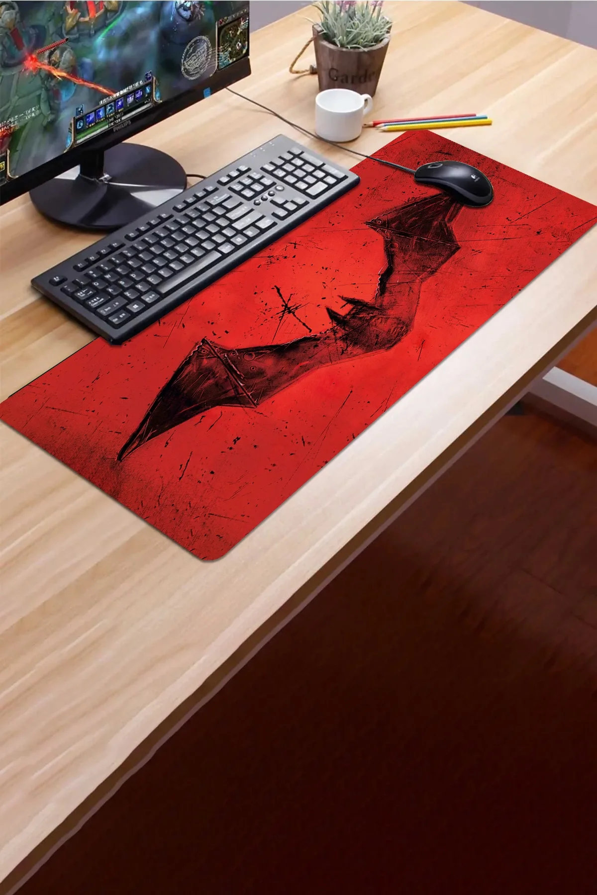 SonicTouch Yarasa Desenli Kırmızı Gamer Oyuncu Dikişsiz Sıvı Geçirmez Klavye Mouse Pad 32x70Cm