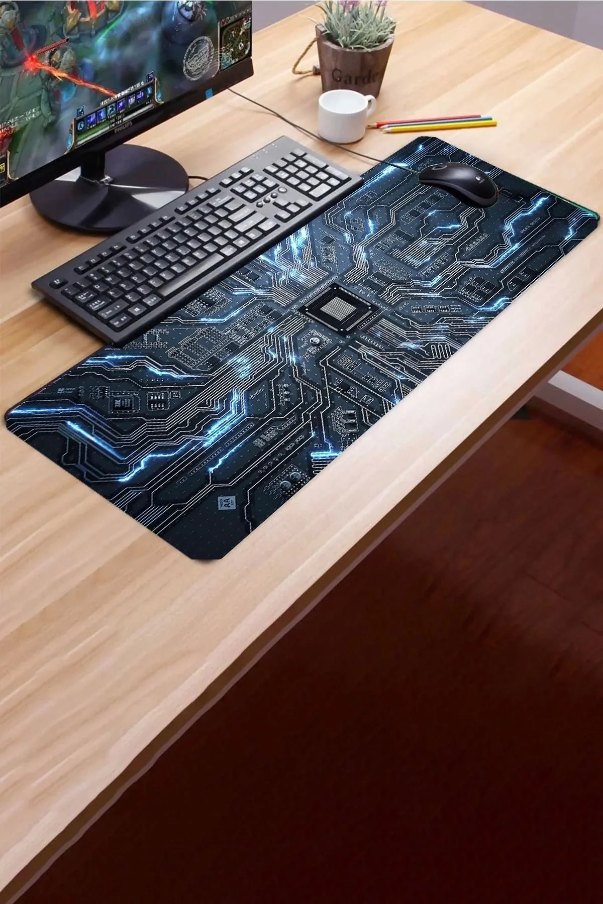 SonicTouch Çip Devre Desenli Kaymaz Gaming Oyuncu Masaüstü Dikişsiz Klavye Mouse Pad 32x70Cm