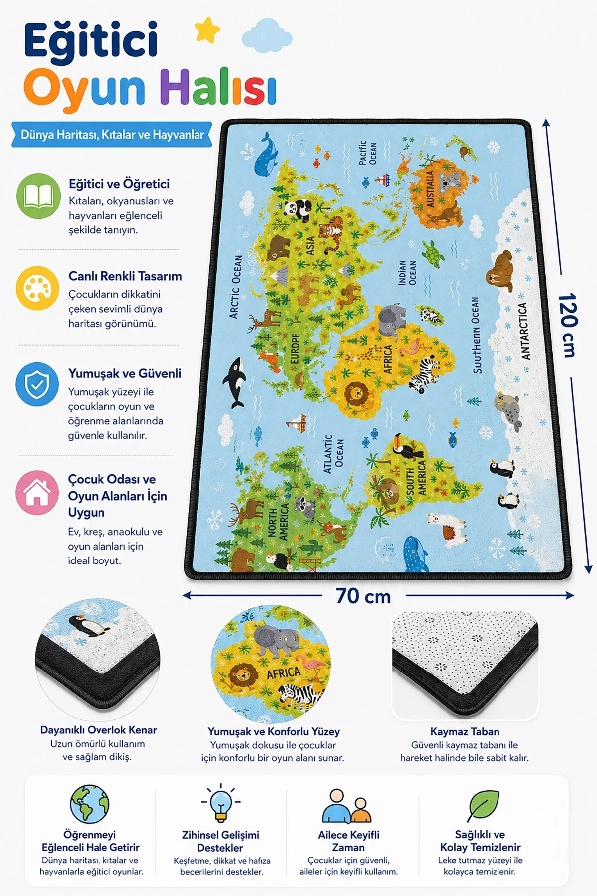 SonicTouch Çocuk Oyun Halısı ingilizce Eğitici Dünya Haritası ve Hayvanlar 70x120cm isme Kişiye Özel
