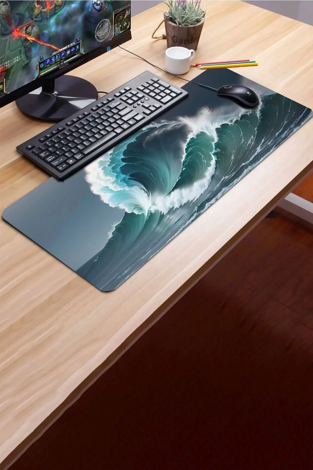 SonicTouch Dalgaların İhtişamı Ay Yıldızlı Kaymaz Gaming Oyuncu Masaüstü Dikişsiz Klavye Mouse Pad 32x70Cm