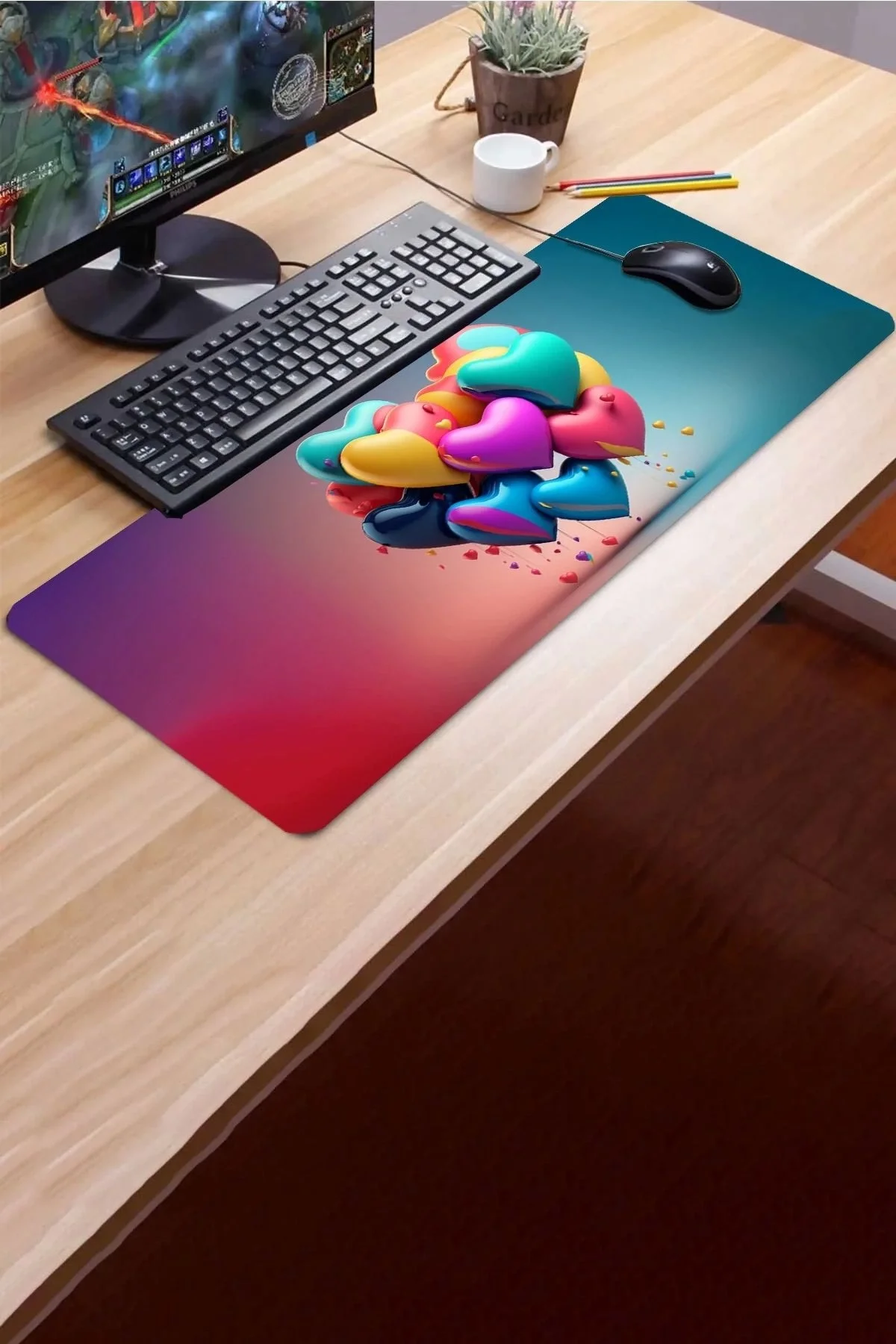 SonicTouch Dijital Çizim Kalpler Kaymaz Gaming Oyuncu Masaüstü Dikişsiz Mavi Yeşil Klavye Mouse Pad 32x70Cm