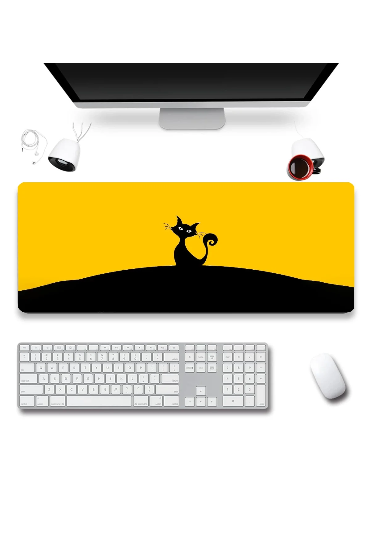 SonicTouch Kara Kedi Sarı Siyah Gamer Oyuncu Dikişsiz Sıvı Geçirmez Klavye Mouse Pad 32x70Cm