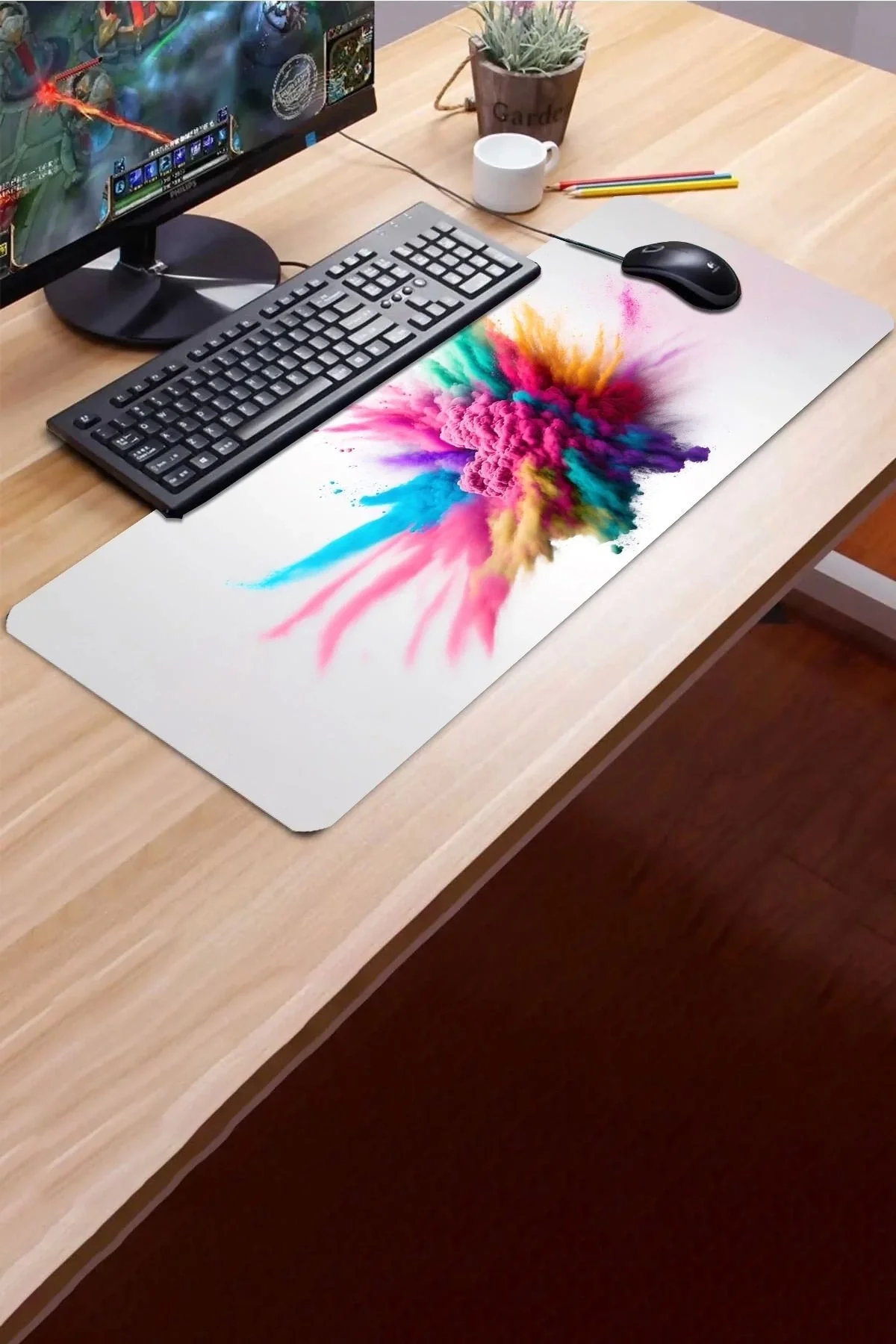 SonicTouch Duman Smoke Kaymaz Gaming Oyuncu Masaüstü Dikişsiz Yeşil Pembe Sarı Klavye Mouse Pad 32x70Cm