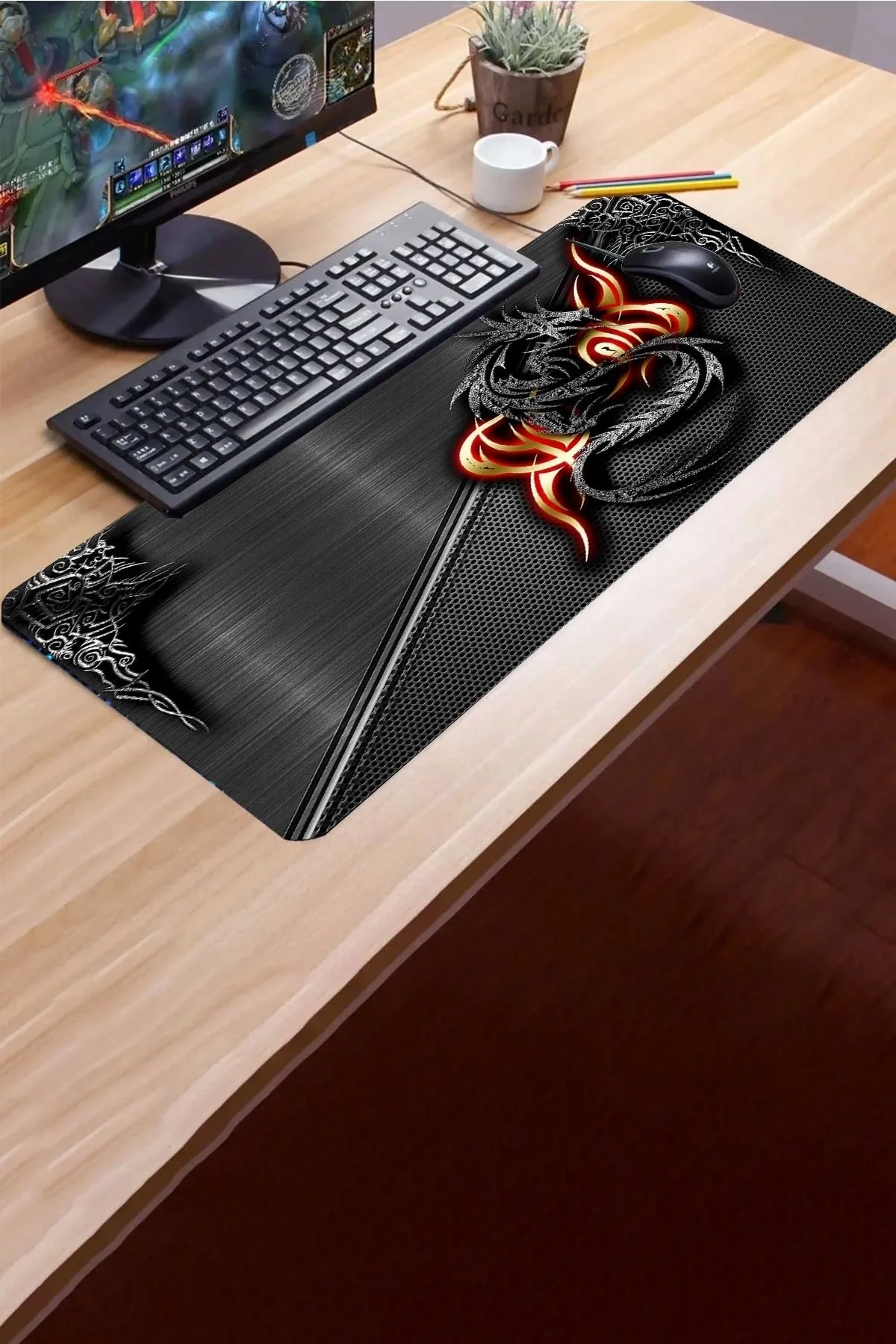 SonicTouch Ejder Desenli Kaymaz Gaming Oyuncu Masaüstü Dikişsiz Klavye Mouse Pad 32x70Cm