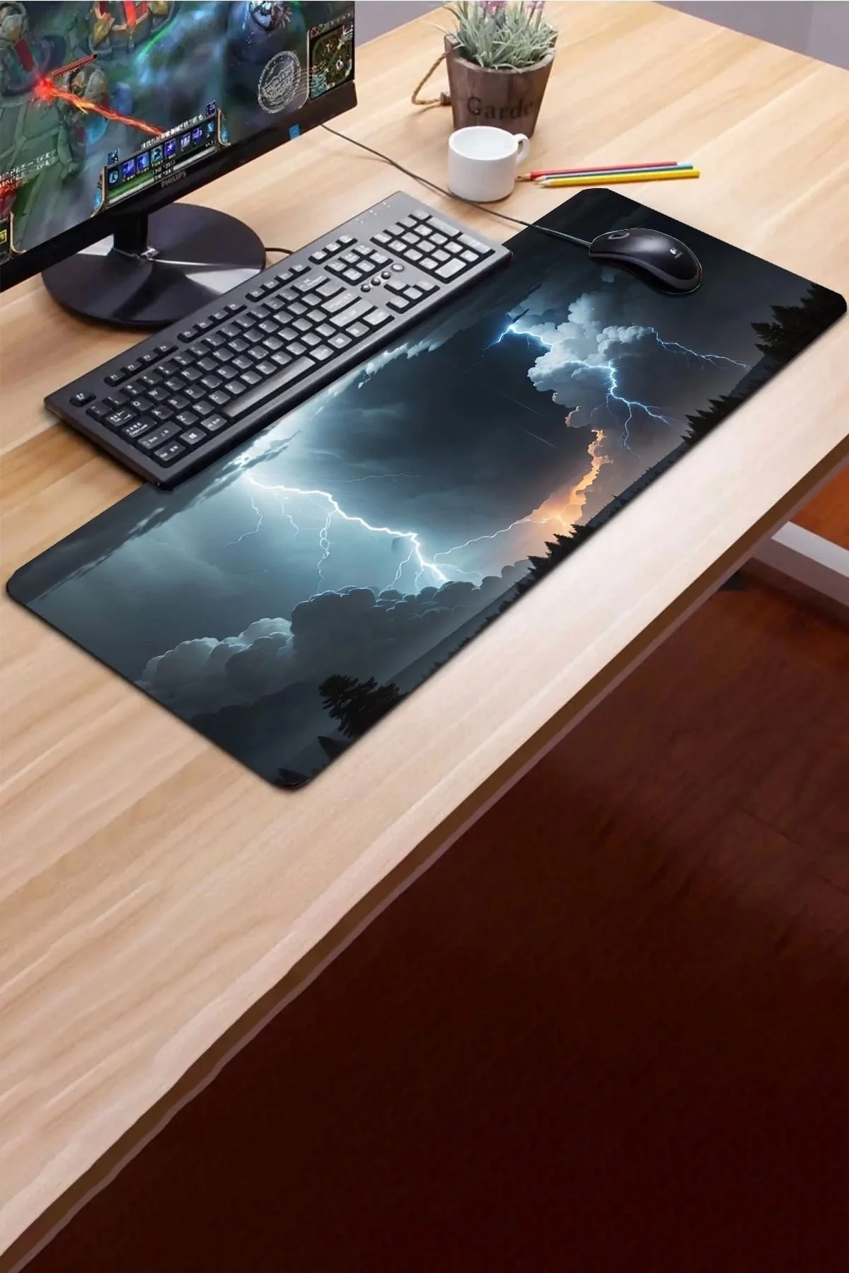 SonicTouch Göklerin Ay Yıldızı Şimşek Temalı Kaymaz Gaming Oyuncu Dikişsiz Klavye Mouse Pad 32x70Cm