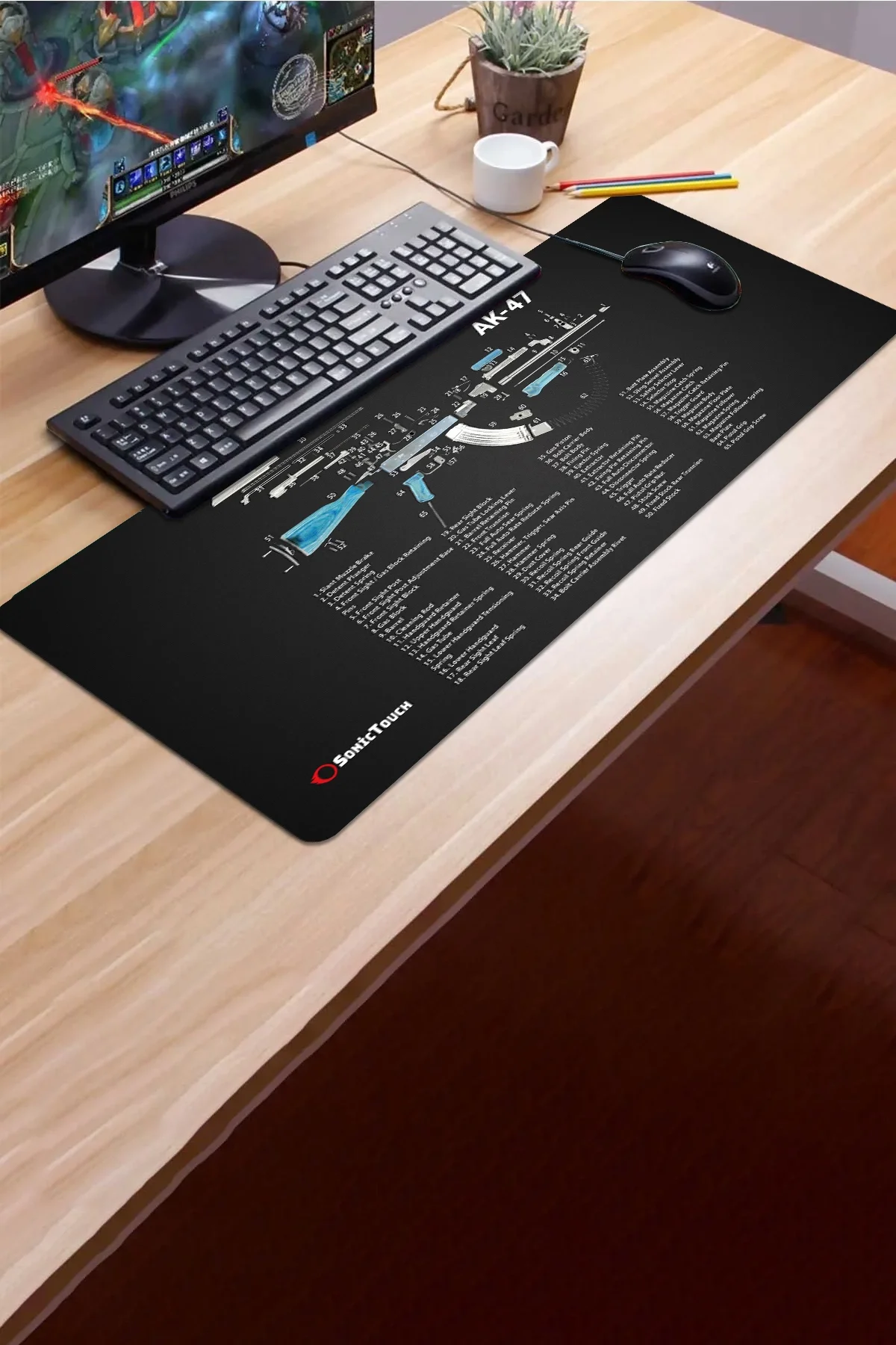 SonicTouch AK-47 Parça Şeması Diyagramı Gamer Oyuncu Dikişsiz Sıvı Geçirmez Siyah Klavye Mouse Pad 32x70Cm