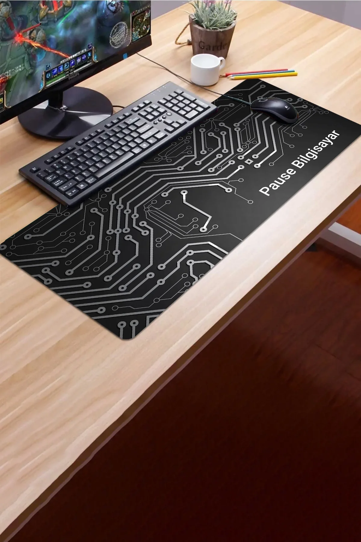 SonicTouch Gri Devre Kişiye Firmaya Özel Promosyon Sıvı Geçirmez Masa Üstü Klavye Mouse Pad 32x70Cm