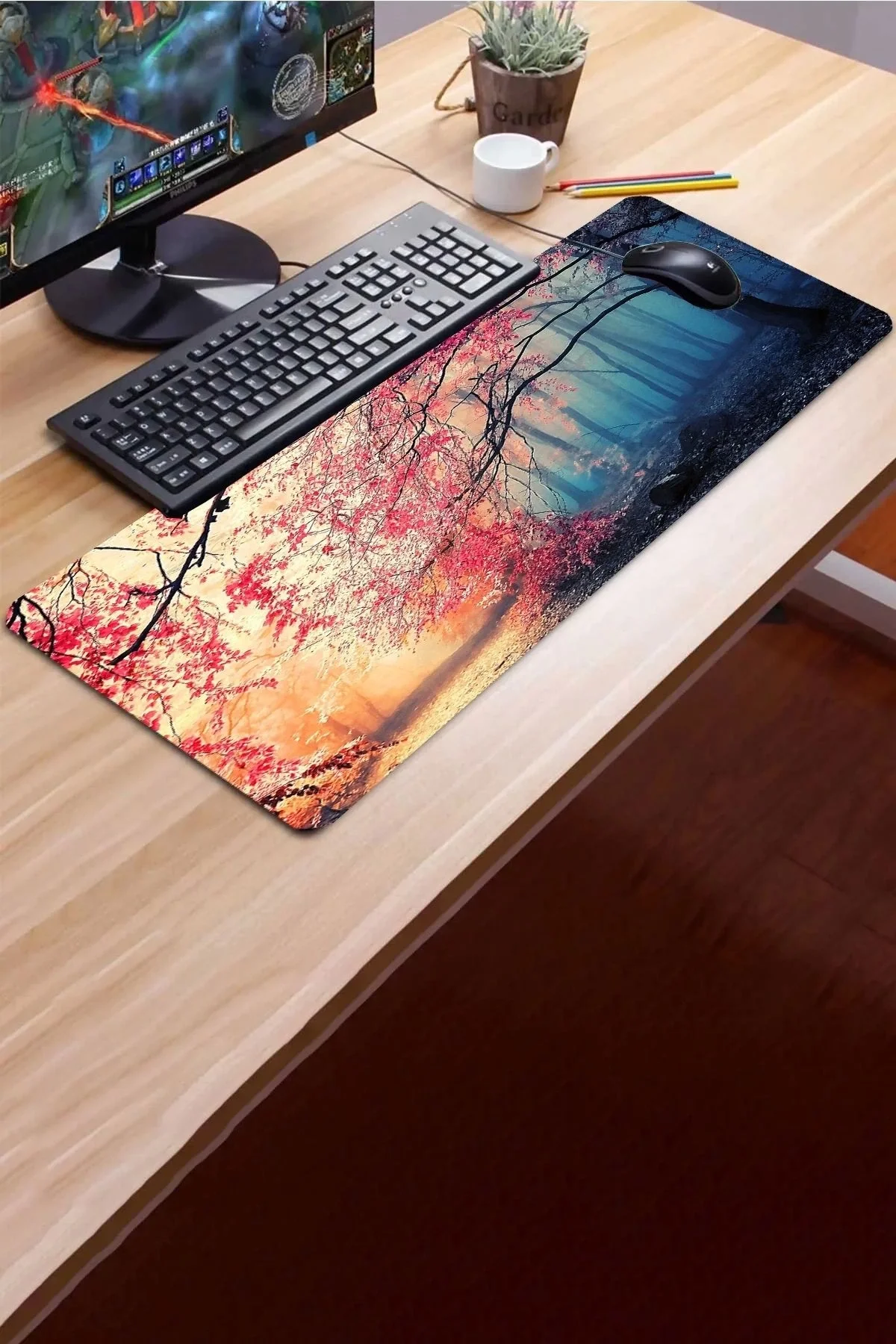 SonicTouch Gün Işığı Kiraz Ağacı Ormanı Temalı Kaymaz Gaming Oyuncu Masaüstü Dikişsiz Klavye Mouse Pad 32x70Cm