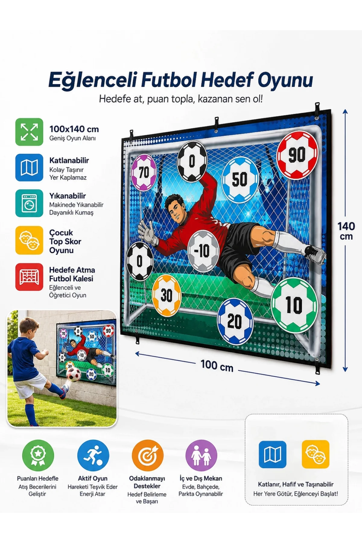 SonicTouch Hedefe Top Atma Futbol Kalesi Çocuk Skor Oyun Matı Katlanabilir Yıkanabilir 100x140cm