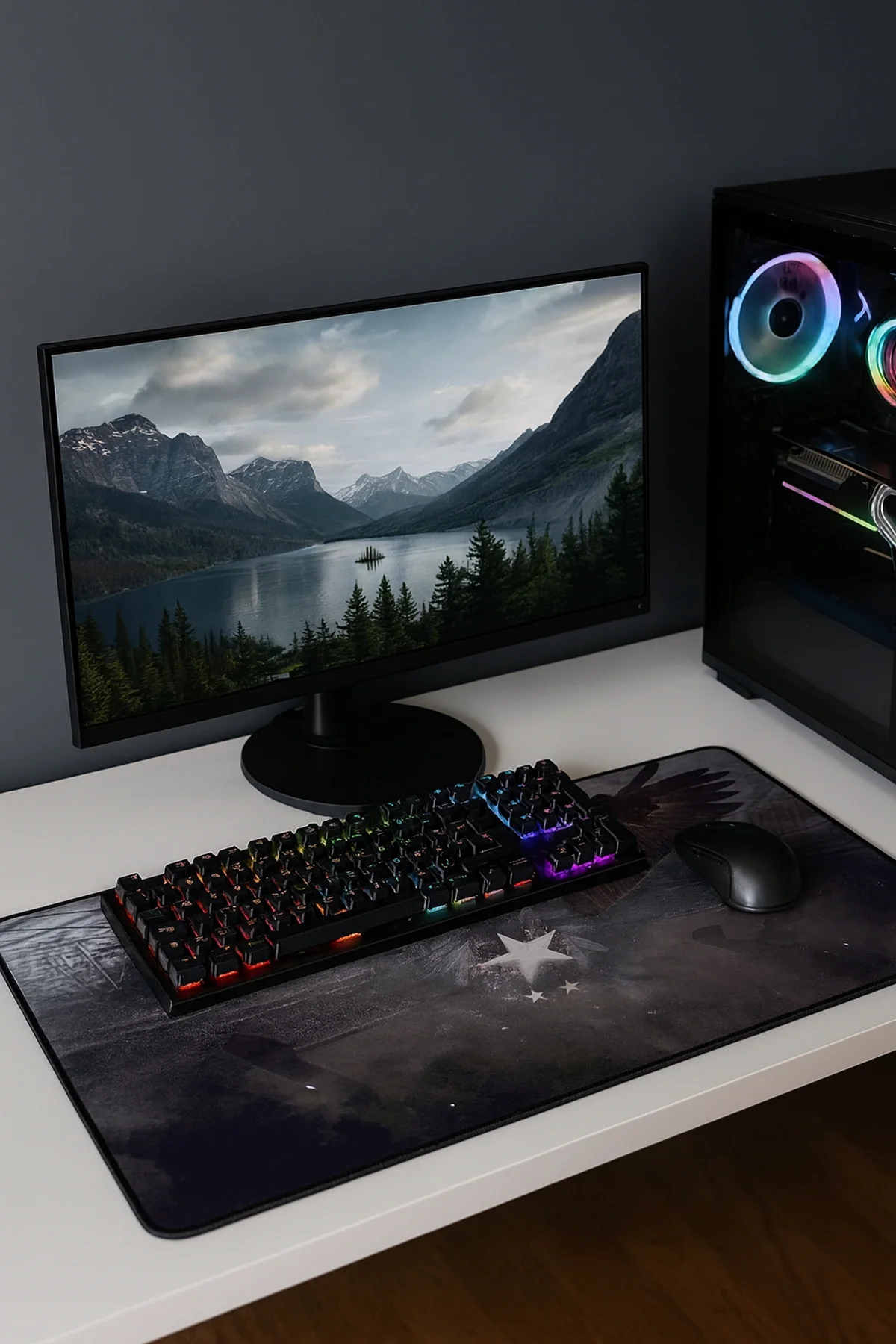 SonicTouch Kara Kartal Siyah Beyaz Yıldız Kaymaz Gaming Oyuncu Masaüstü Dikişsiz Klavye Mouse Pad 32x70Cm