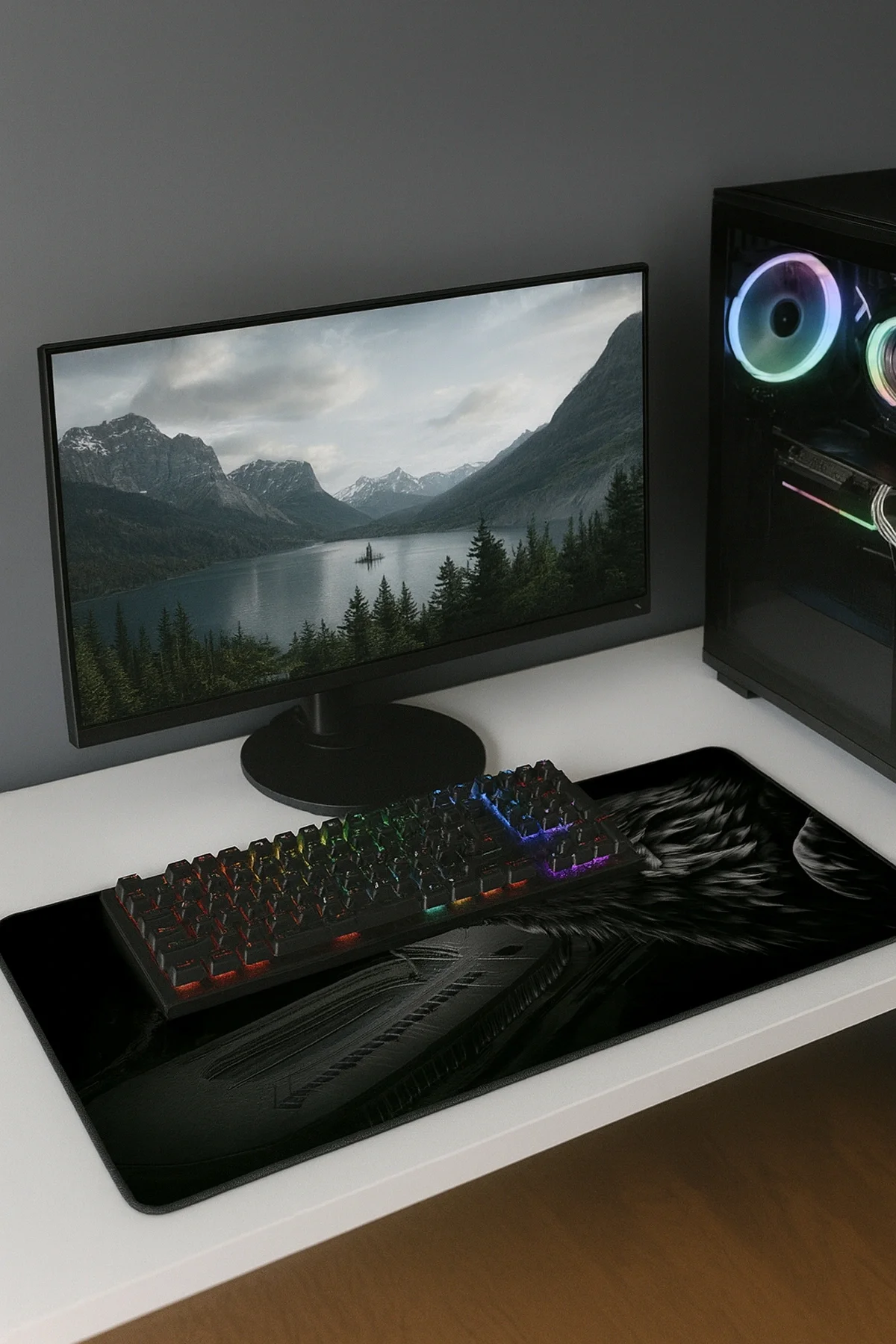 SonicTouch Kara Kartal Kaymaz Gaming Oyuncu Masaüstü Dikişsiz Siyah Beyaz Klavye Mouse Pad 32x70Cm