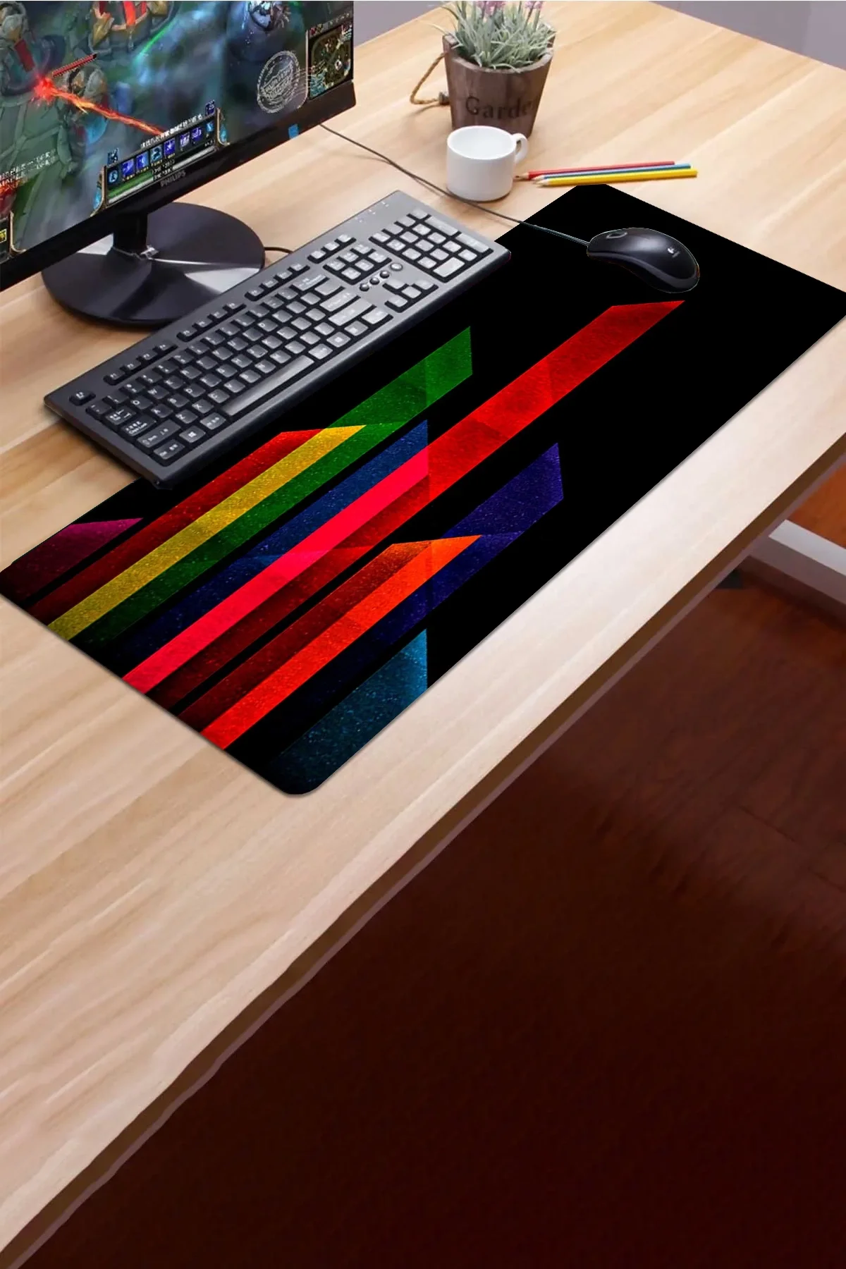 SonicTouch Renkli Soyut Çizgiler Gamer Oyuncu Dikişsiz Sıvı Geçirmez Klavye Mouse Pad 32x70Cm