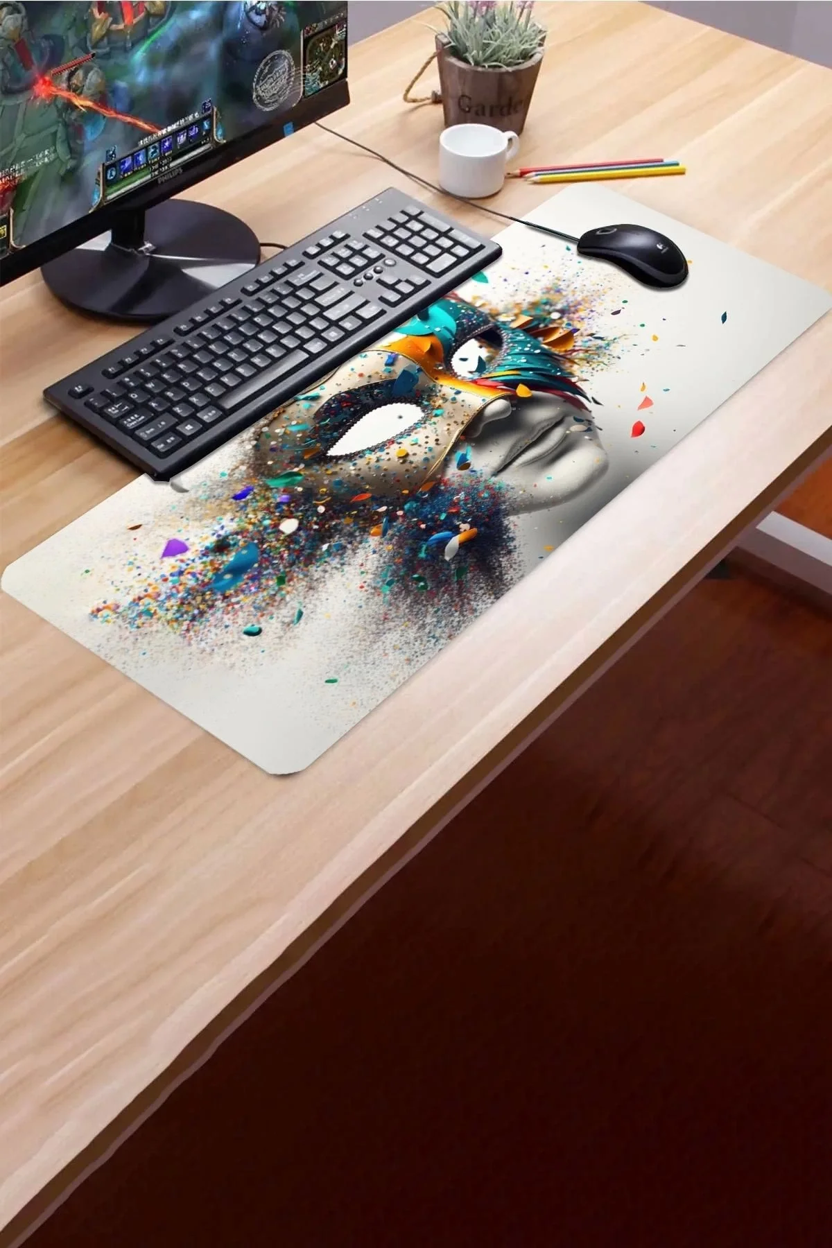SonicTouch Karnaval Maske Kaymaz Gaming Oyuncu Masaüstü Dikişsiz Gri Klavye Mouse Pad 32x70Cm