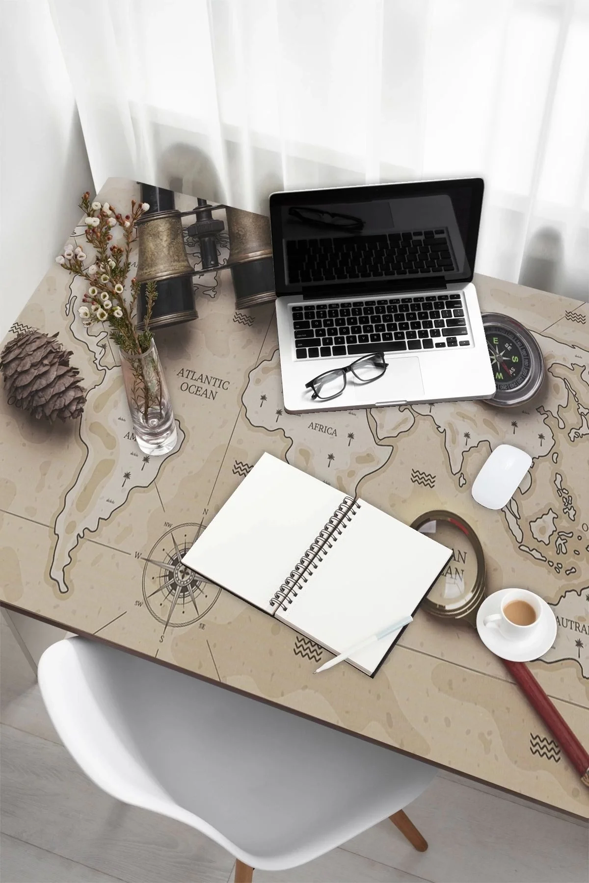 SonicTouch Kaşif Orta Çağ Dünya Haritası Kaymaz Deri Dikişsiz Silinebilir Yıkanabilir Masa Matı Pad 70x140cm