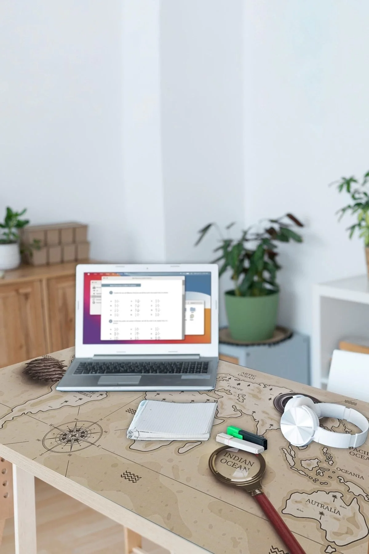 SonicTouch Kaşif Orta Çağ Dünya Haritası Kaymaz Deri Dikişsiz Silinebilir Yıkanabilir Masa Matı Pad 70x140cm