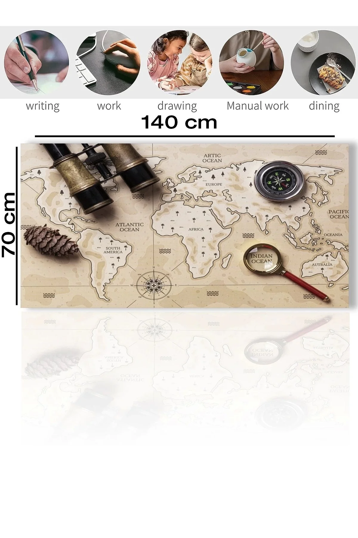 SonicTouch Kaşif Orta Çağ Dünya Haritası Kaymaz Deri Dikişsiz Silinebilir Yıkanabilir Masa Matı Pad 70x140cm