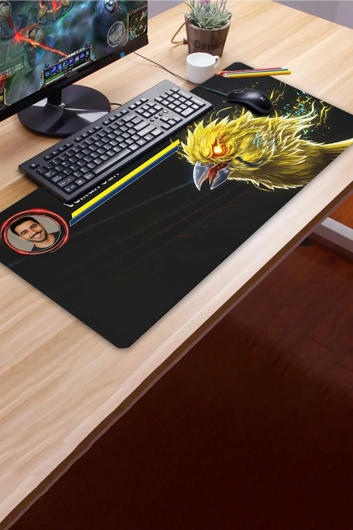 SonicTouch Kişiye isme Özel Kanarya Figürlü Sarı Lacivert Fotoğraflı XXL Dikişsiz Gamer Klavye Mousepad 40x90cm