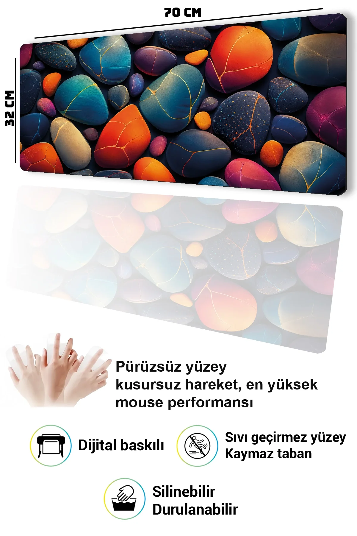 SonicTouch Klavye Mousepad 32x70cm Kintsugi Çakılları Dikişsiz Pürüzsüz Sıvı Geçirmez Kaymaz Taban
