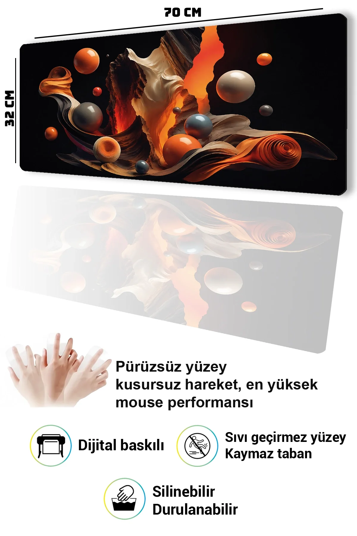 SonicTouch Klavye Mousepad 32x70cm Turuncu Akış Dikişsiz Pürüzsüz Sıvı Geçirmez Kaymaz Taban