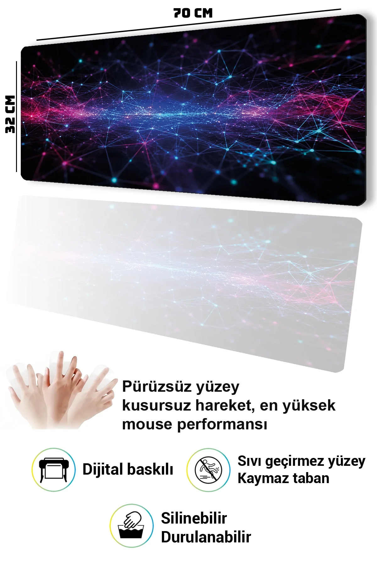 SonicTouch Klavye Mousepad 32x70cm Siber Doku Dikişsiz Pürüzsüz Sıvı Geçirmez Kaymaz Taban