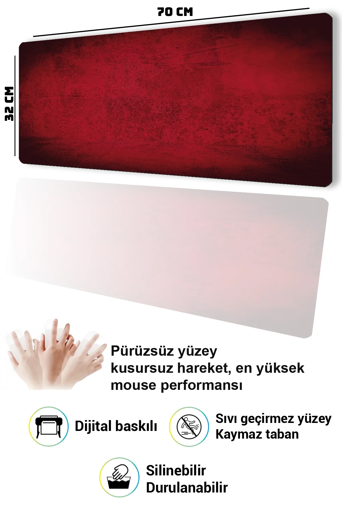 SonicTouch Klavye Mousepad 32x70cm Kızıl Doku Dikişsiz Pürüzsüz Sıvı Geçirmez Kaymaz Taban