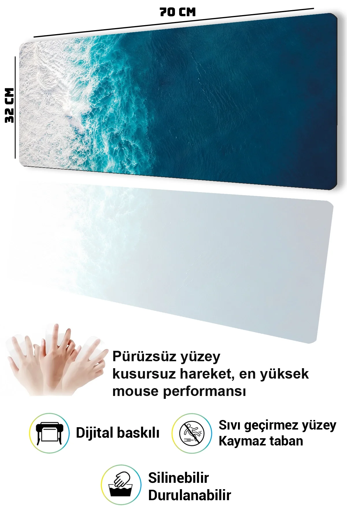 SonicTouch Klavye Mousepad 32x70cm Sonsuz Okyanus Dikişsiz Pürüzsüz Sıvı Geçirmez Kaymaz Taban