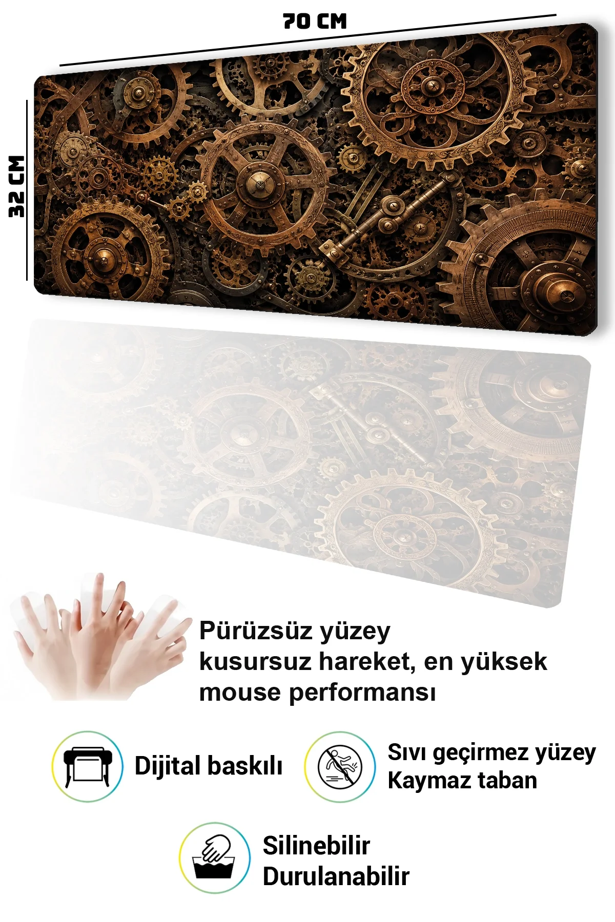 SonicTouch Klavye Mousepad 32x70cm Bronz Çarklar Dikişsiz Pürüzsüz Sıvı Geçirmez Kaymaz Taban