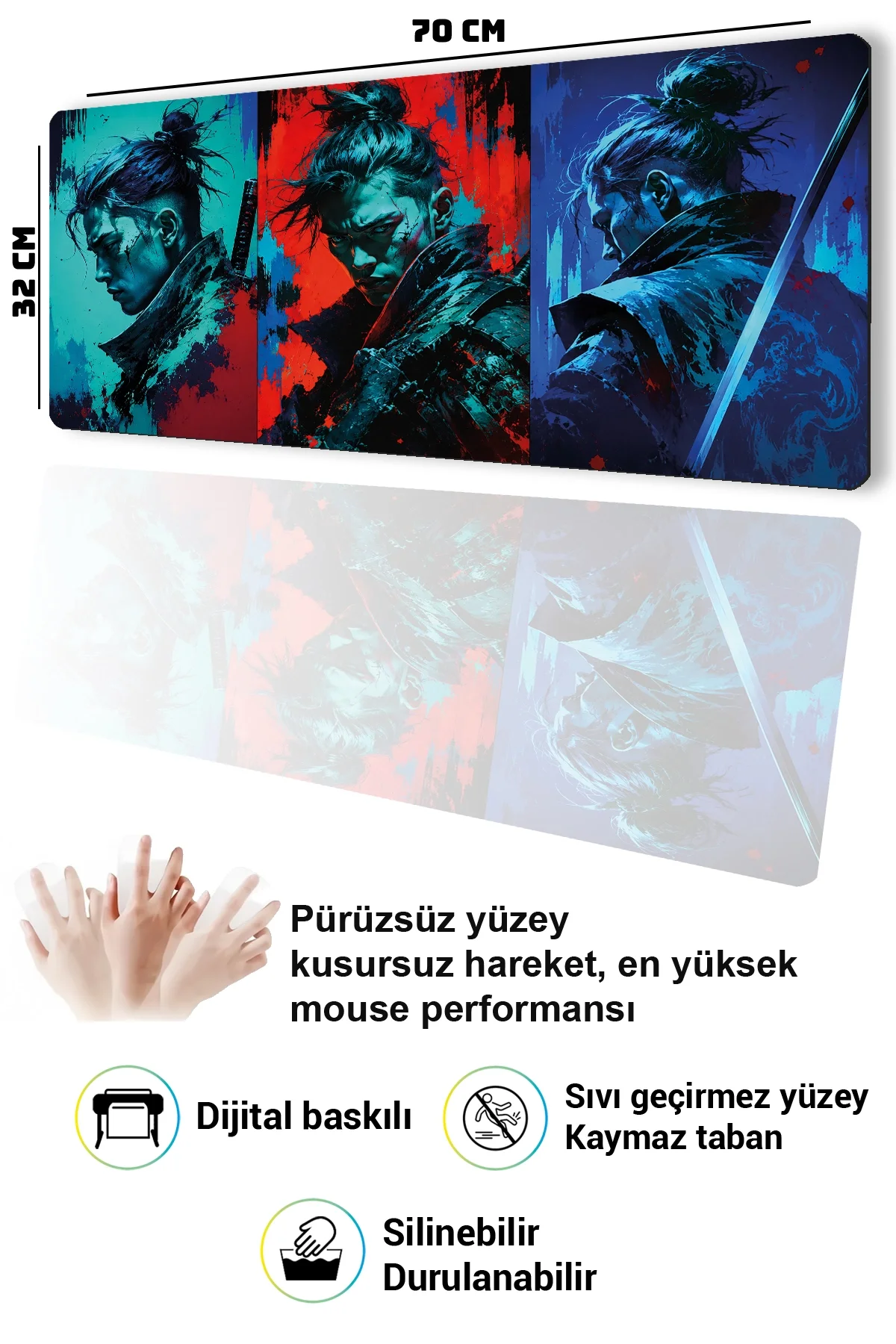 SonicTouch Klavye Mousepad 32x70cm Neon Samurai Dikişsiz Pürüzsüz Sıvı Geçirmez Kaymaz Taban