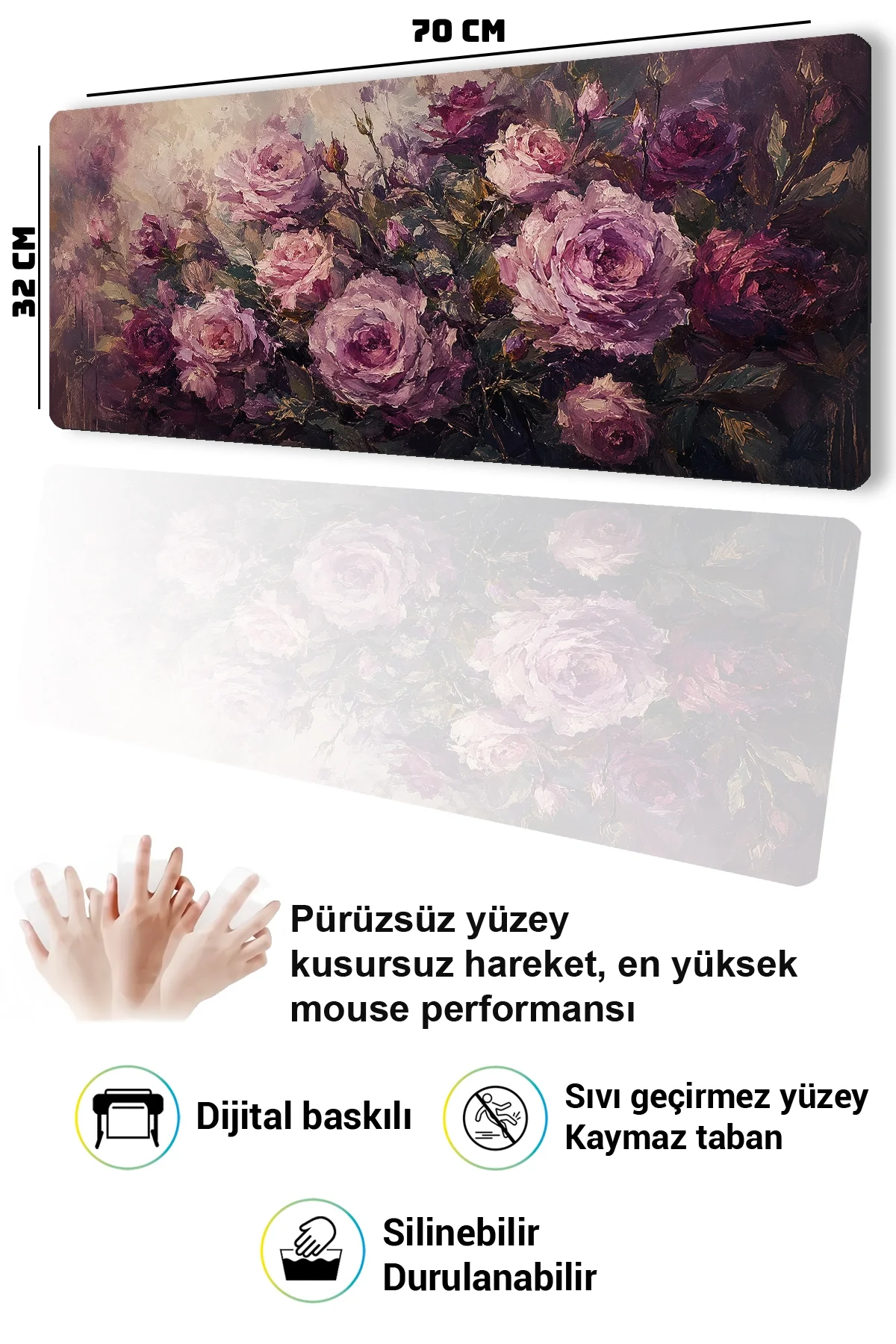 SonicTouch Klavye Mousepad 32x70cm Gece Gülleri Dikişsiz Pürüzsüz Sıvı Geçirmez Kaymaz Taban