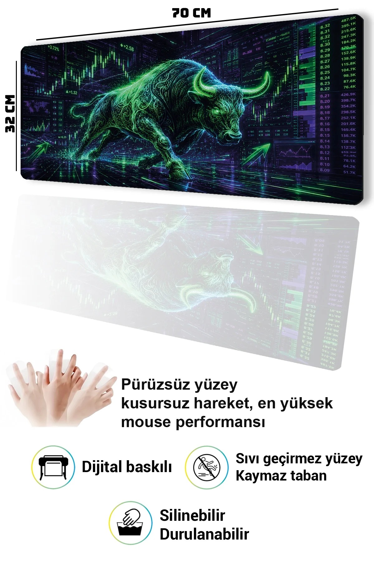 SonicTouch Klavye Mousepad 32x70cm Neon Bull Market Dikişsiz Pürüzsüz Sıvı Geçirmez Kaymaz Taban