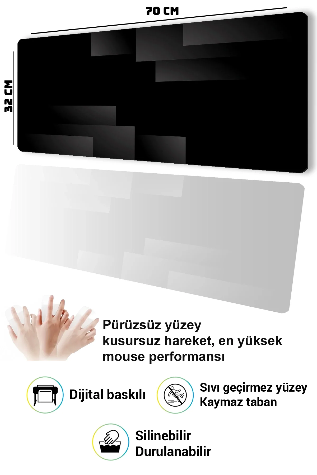 SonicTouch Klavye Mousepad 32x70cm Siyah Perspektif Dikişsiz Pürüzsüz Sıvı Geçirmez Kaymaz Taban