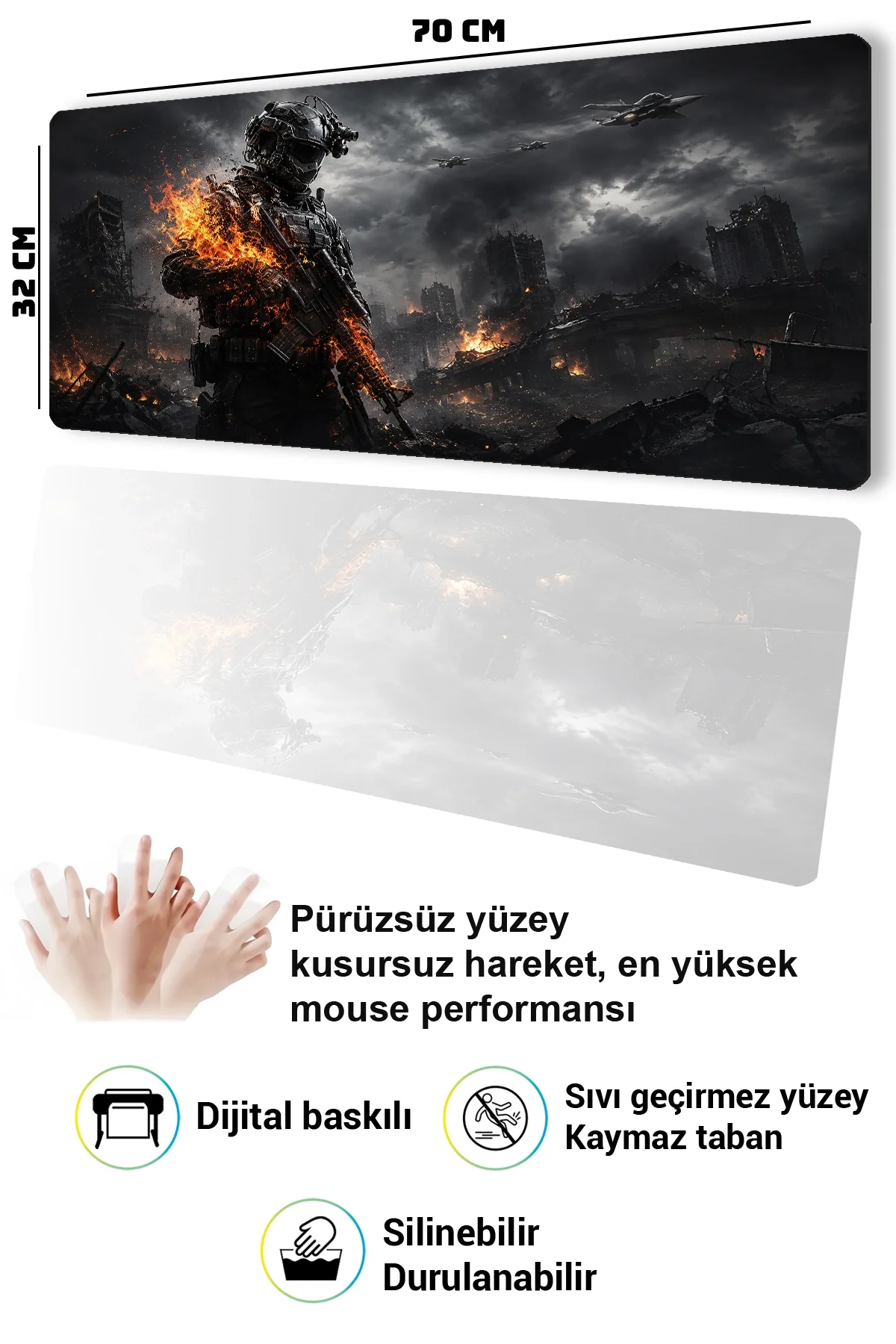 SonicTouch Klavye Mousepad 32x70cm Ateş Hattı Dikişsiz Pürüzsüz Sıvı Geçirmez Kaymaz Taban