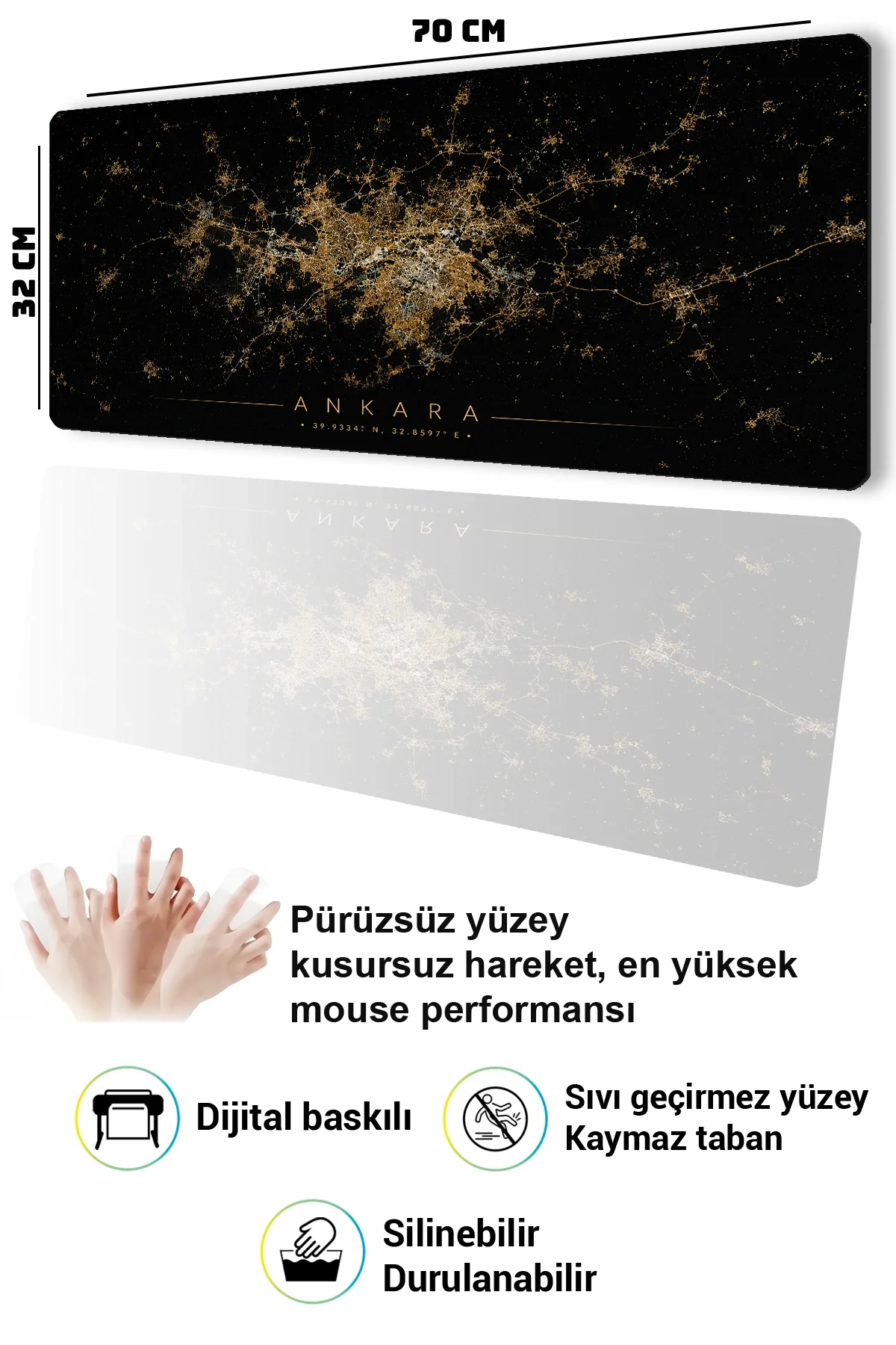 SonicTouch Klavye Mousepad 32x70cm Ankara Gece Haritası Pürüzsüz Sıvı Geçirmez Kaymaz Taban